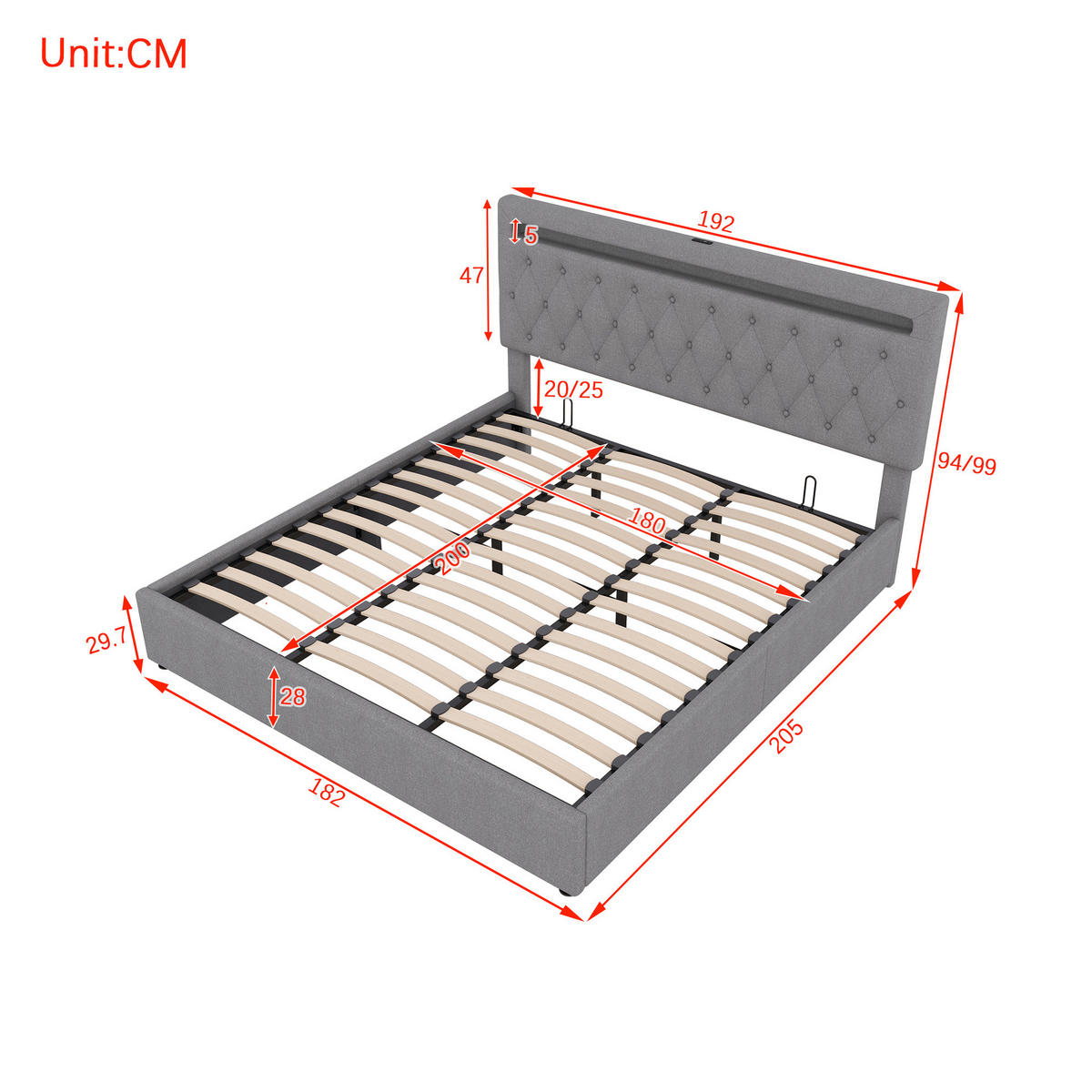 BETT mit Stauraum 180x200 cm Leinen Grau 2 USB-Anschlüsse - Grau, Metall (180/200cm) - Meubliv