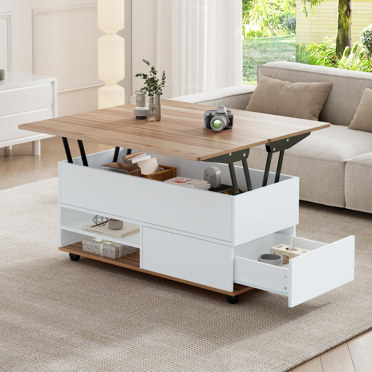 COUCHTISCH höhenverstellbar Weiß Naturholz 100x98x65cm mit Stauraum - Weiß, Holzwerkstoff (100/98/65cm) - FLIEKS