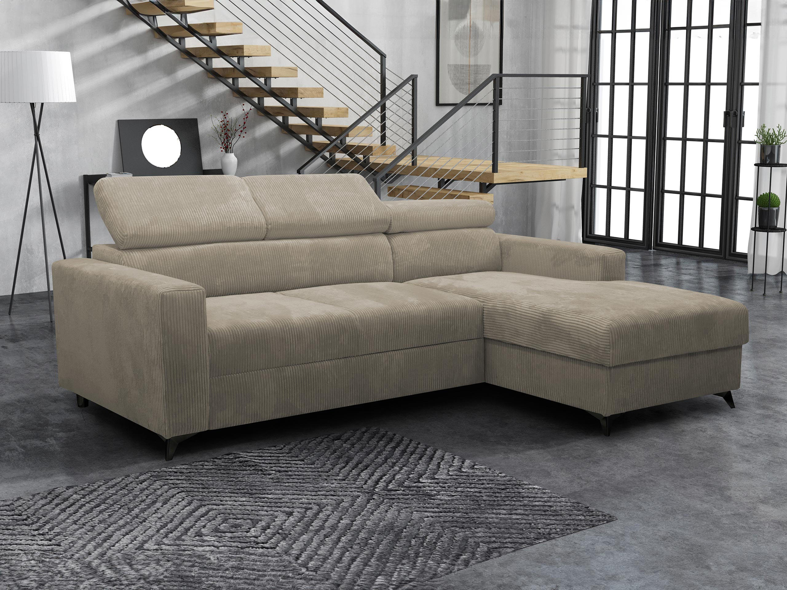 ECKSOFA Milano Premium Cord, Seite: Rechts 2R+LC - Beige/Schwarz, Holz/Textil (236/172cm) - MIRJAN24