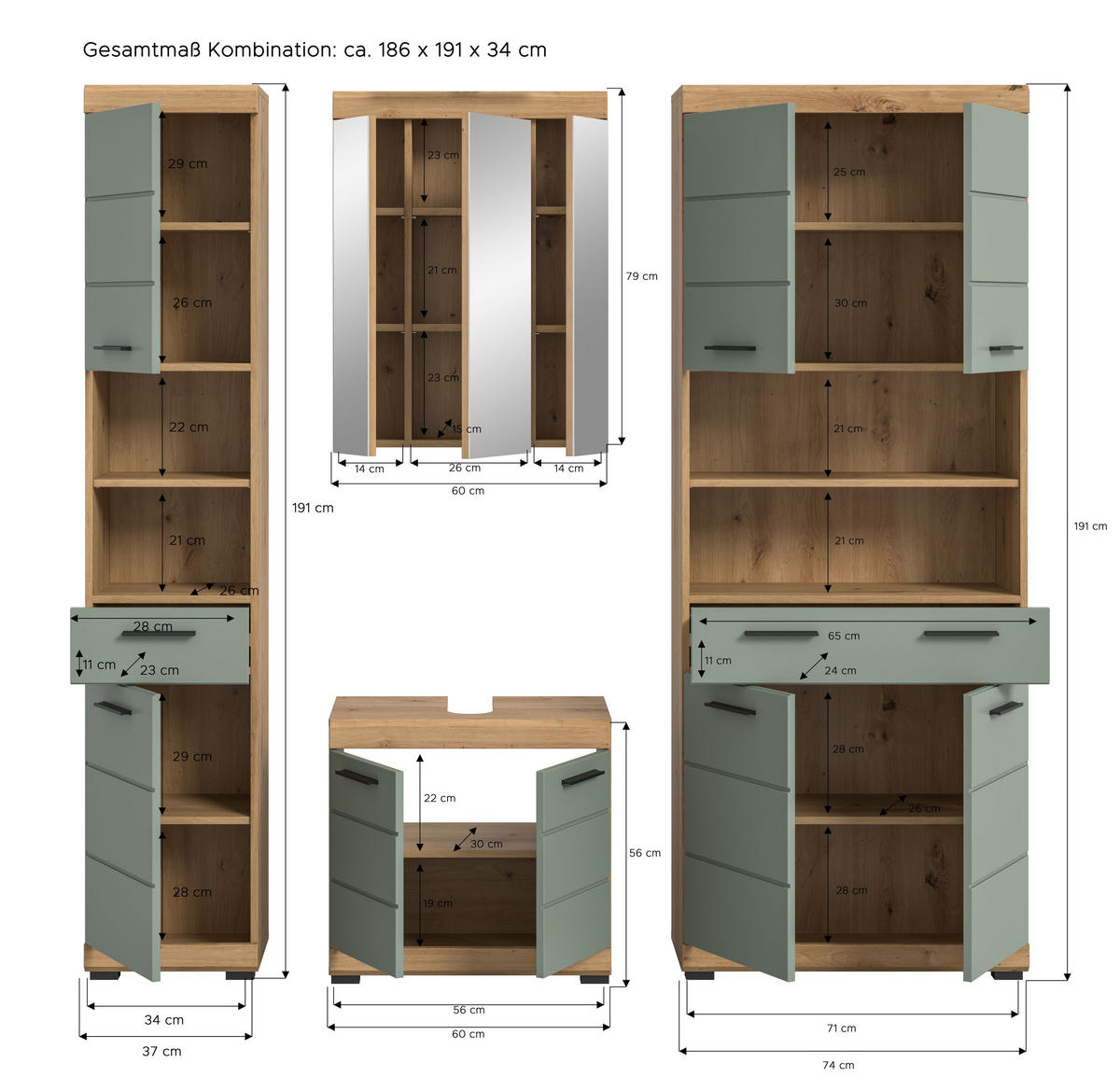 BADKOMBINATION 4tlg. Scout Bad in Artisan Eiche Nachbildung und Salbei Nachbildung B/H/T: 186x191x34 cm - Eiche Artisan, Holz (186/191/34cm)