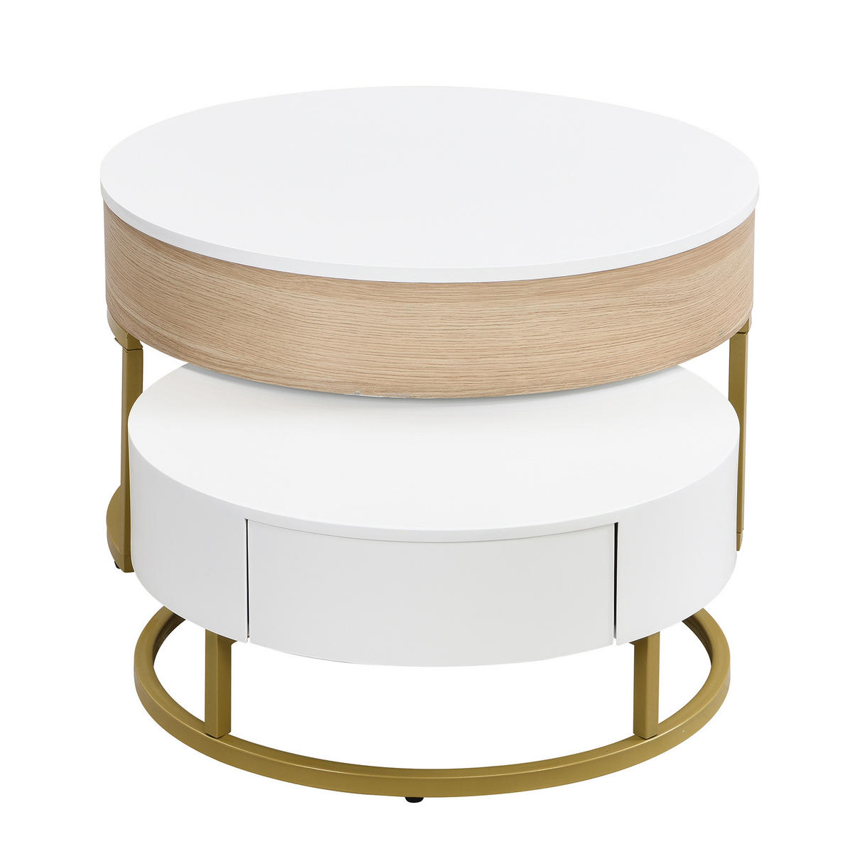 COUCHTISCH-SET aus MDF 70x70x56/60x60x27 cm Weiß und Gold mit höhenverstellbarer Platte, Schublade und Nestdesign - Weiß, Holzwerkstoff (70/70/56.5cm) - Modfu