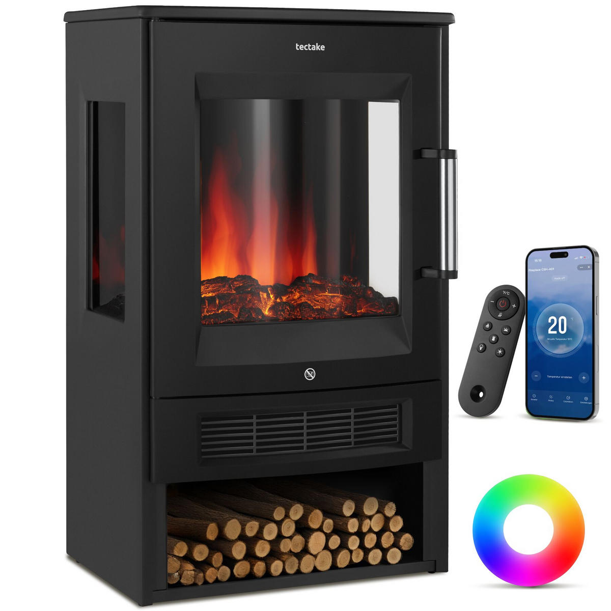 ELEKTROKAMIN Aidan, mit Fernbedienung und App-Steuerung, schwarz - Schwarz, Metall (44/75/36cm) - tectake