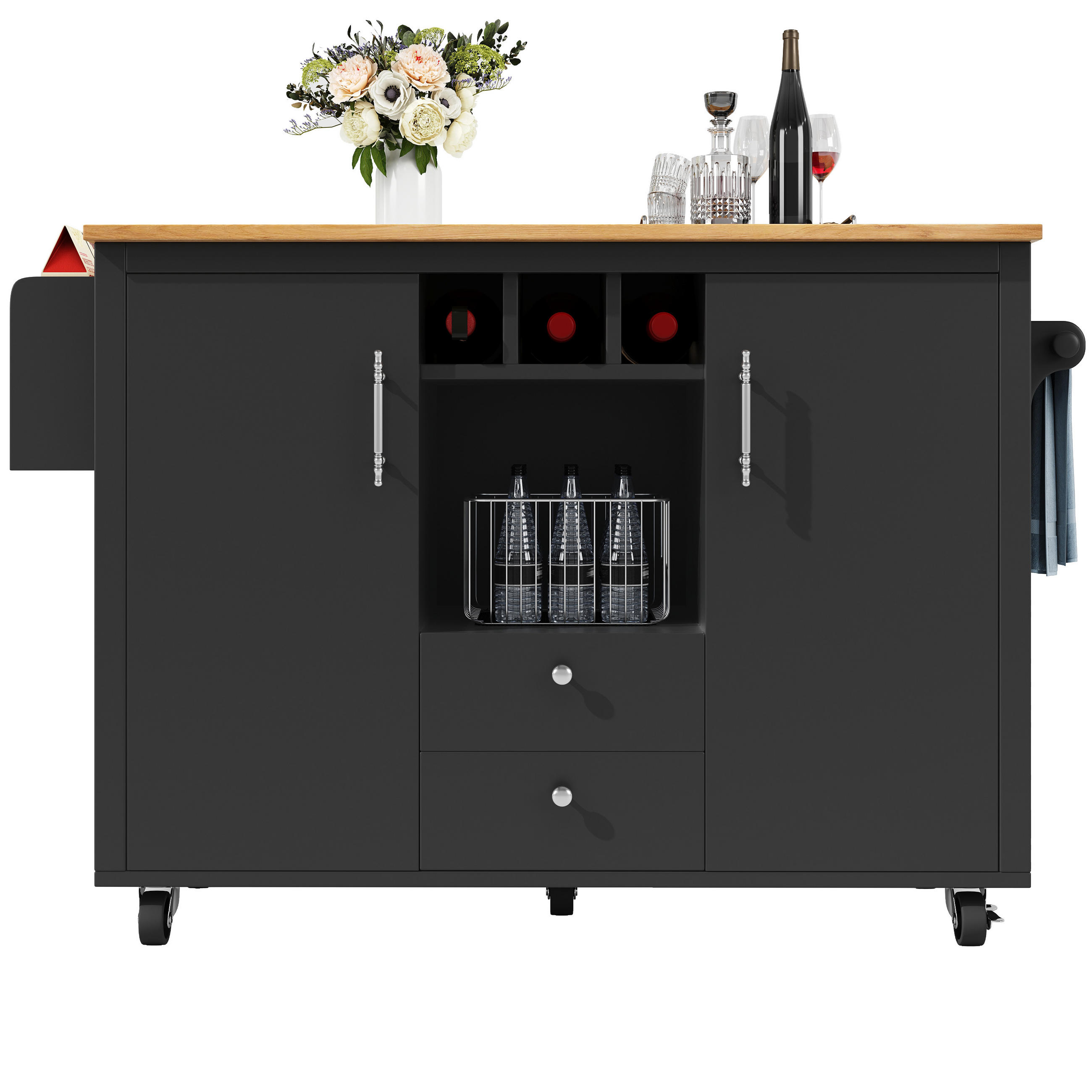 KÜCHENINSEL 120x73x92cm Klappbar Weinregal Rollen Schwarz - Schwarz, Metall (137.9/92.5/73cm) - FLIEKS