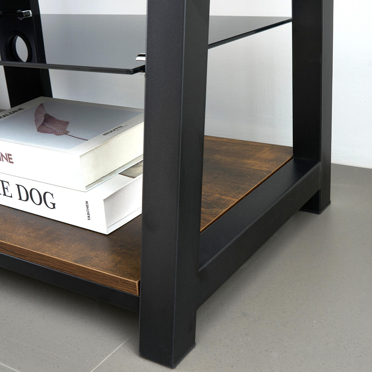 LOWBOARD in Braun TV-Schrank aus Holz mit schwarzem Hartglas für Wohnzimmer, B116/T42/H125cm - Schwarz/Braun, Glas/Holzwerkstoff (116/125/42cm) - STILVORA