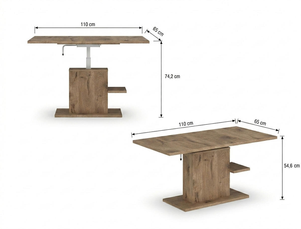 COUCHTISCH rechteckig stufenlos höhenverstellbar Ablage 110/65/54 cm - Eiche Artisan, Holzwerkstoff (65/110/54cm) - designimpex