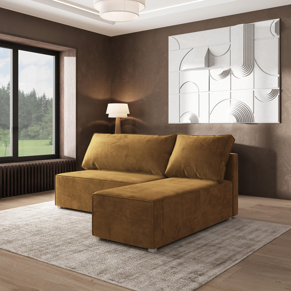 ROHOVÁ SEDAČKA BRISO žlutá - šedá/žlutá, dřevo/textil (200/140cm) - MASSENO