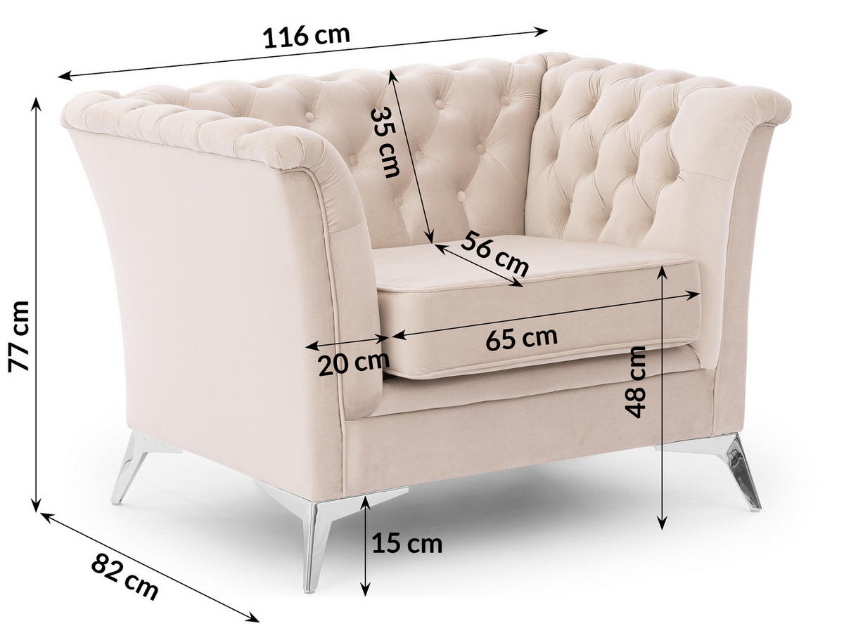 CHESTERFIELD-SESSEL Whitby Beige Samt mit silbernen Füßen - Beige/Silberfarben, Holz/Textil (116/78/82cm) - S-Style Möbel