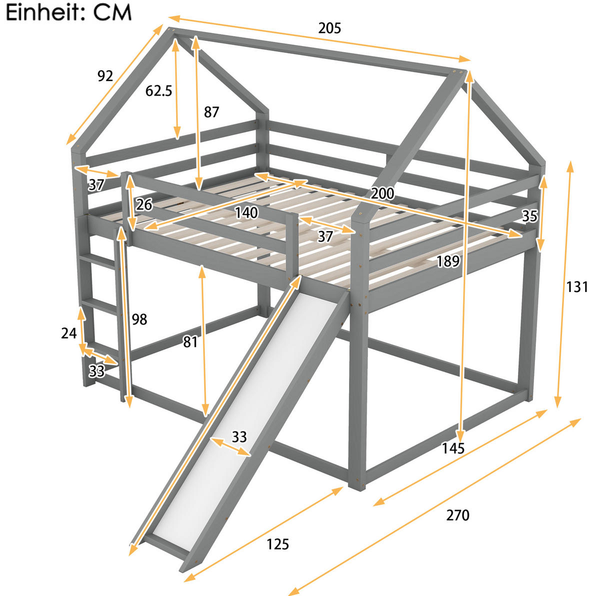 ETAGENBETT 140/200 cm Grau mit Rutsche und Leiter für Kinderzimmer - Grau, Holz (140/200cm) - OKWISH