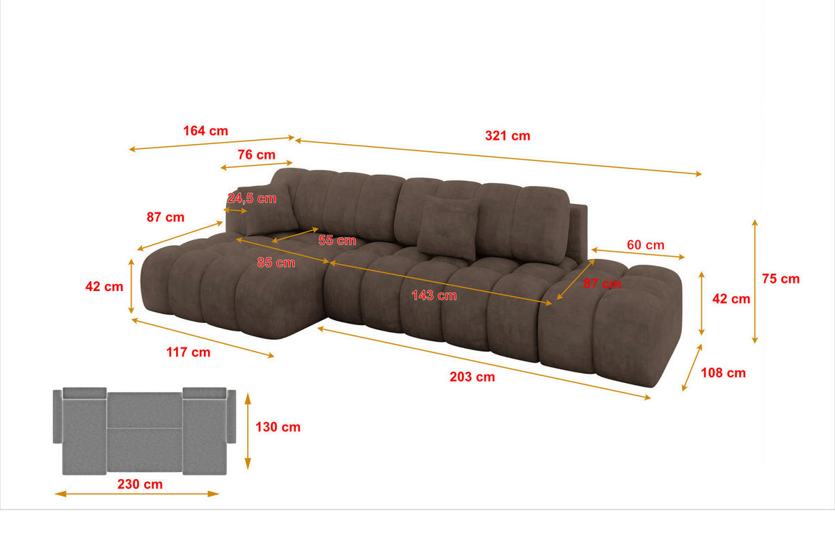 ECKSOFA mit Schlaffunktion Ottomane Links OLEA-L2 321x164x75 Braun Velours - Schwarz/Bronzefarben, Holzwerkstoff/Kunststoff (321/164cm) - ALTDECOR