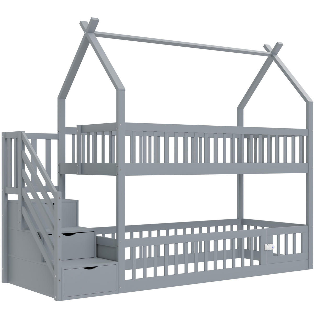 ETAGENBETT aus Massivholz 90x200 cm Grau mit Dach, Sicherheitstreppe und Schubladen - Grau, Holzwerkstoff (90/200cm) - IVMEU