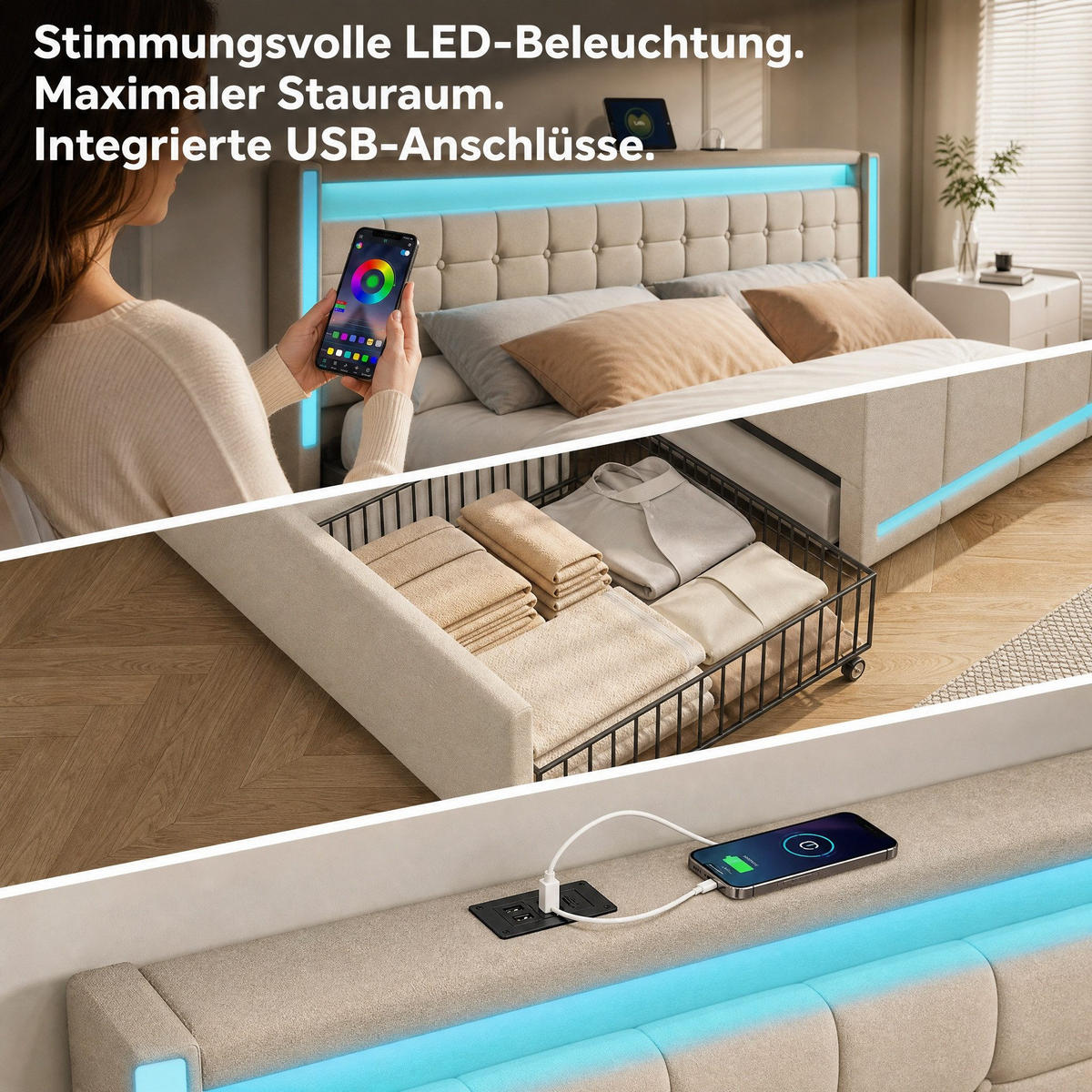 DOPPELBETT 160x200cm beige leinen led schubladen usb typ-c - Beige, Metall - SHOPENTRA
