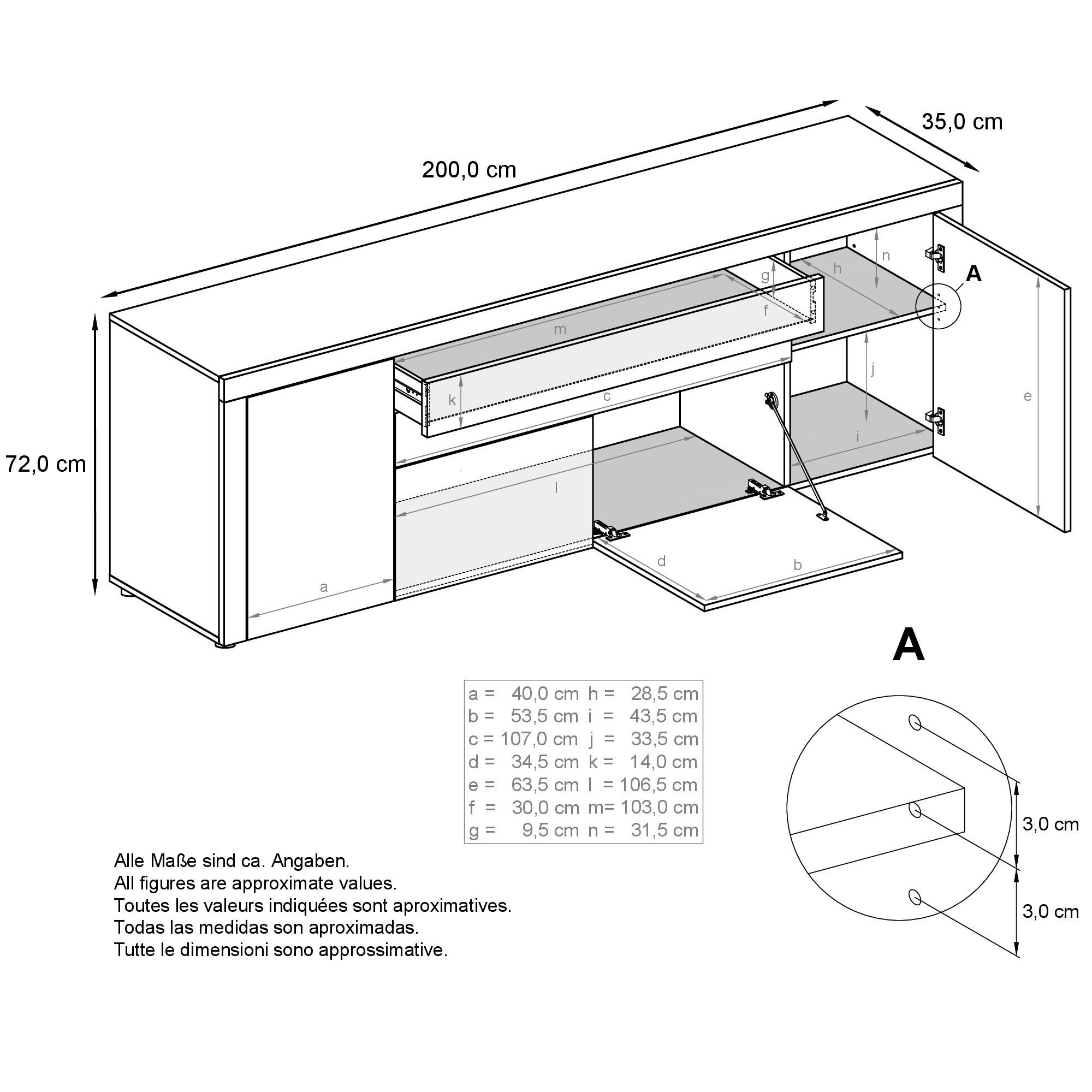 Thumbnail - Vladon Sideboard, Grau, Holzwerkstoff, 200x72x35 cm, Wohnzimmer, Kommoden & Sideboards, Sideboards