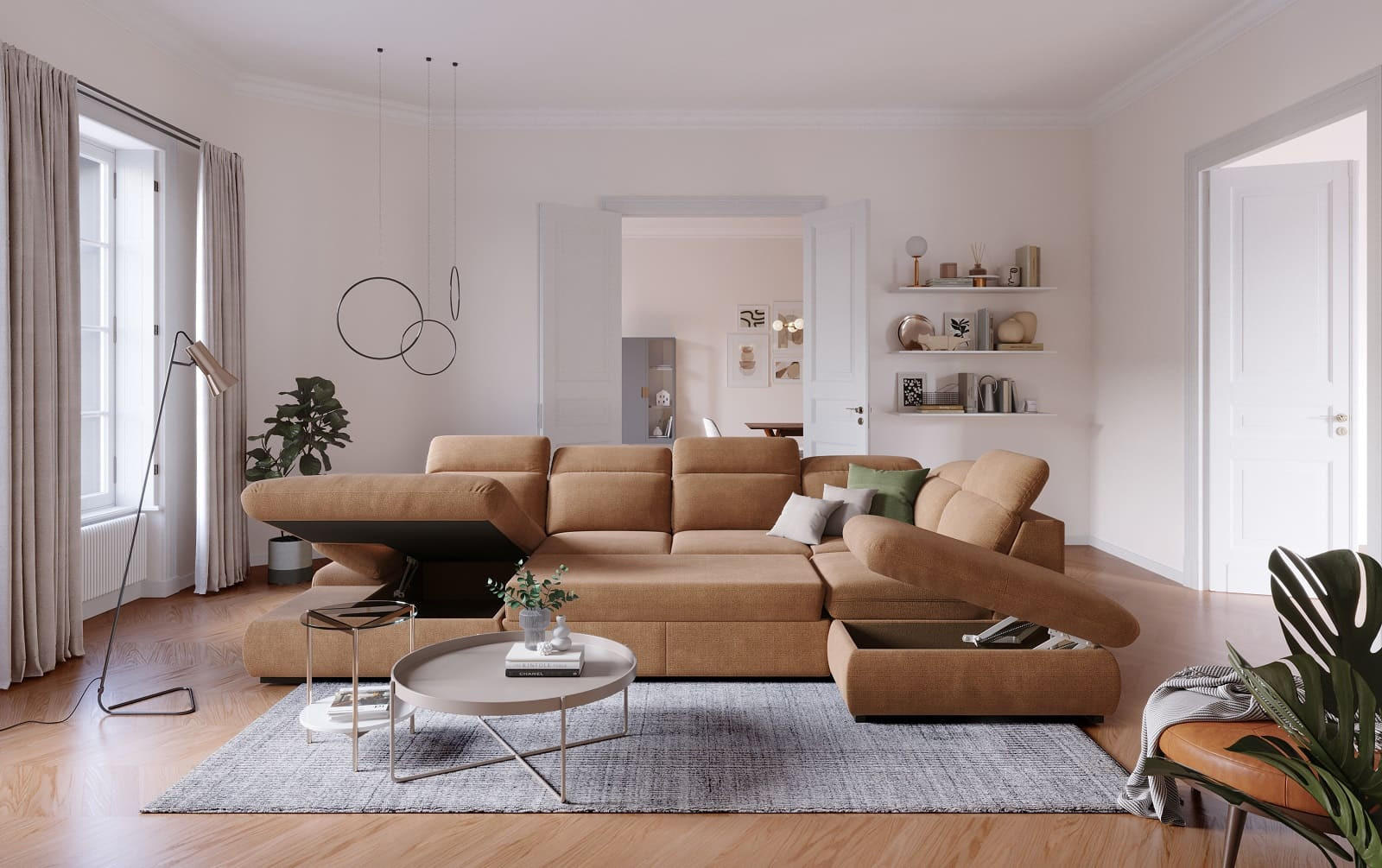 Thumbnail - Cotta Wohnlandschaft, Cognac, Textil, Echtholz,Fichte, U-Form,L-Form, 218x80x341 cm, Wohnzimmer, Sofas & Couches, Wohnla...