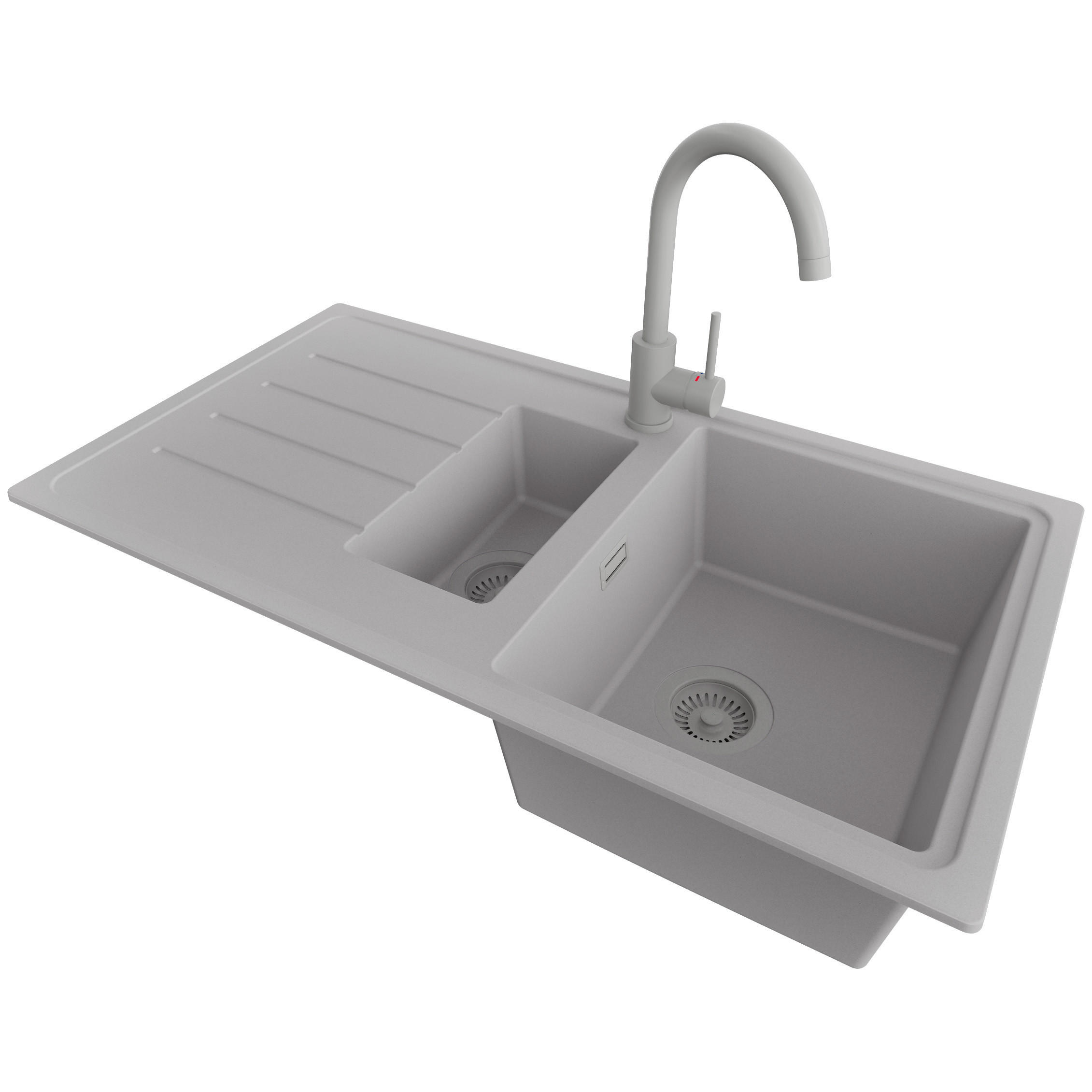 GRANITSPÜLE Kopenhagen Duo, 2-er set Grau 90/50 cm 1,5 Becken + Küchenarmatur 32/20 cm + Ablauf-Set ab 60er Unterschrank - Grau, Kunststoff (90/19/50cm) - Primagran