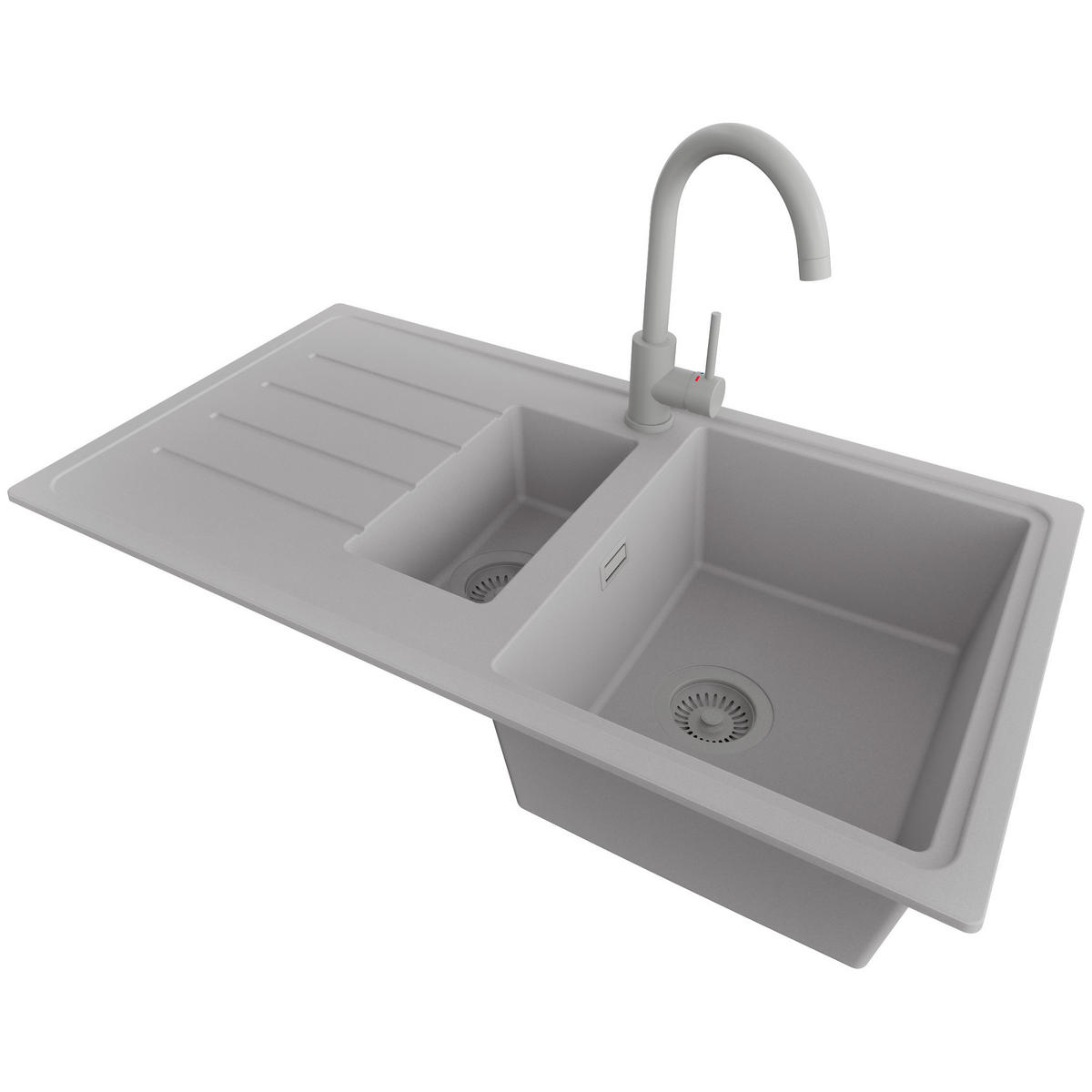 GRANITSPÜLE Kopenhagen Duo, 2-er set Grau 90/50 cm 1,5 Becken + Küchenarmatur 32/20 cm + Ablauf-Set ab 60er Unterschrank - Grau, Kunststoff (90/19/50cm) - Primagran