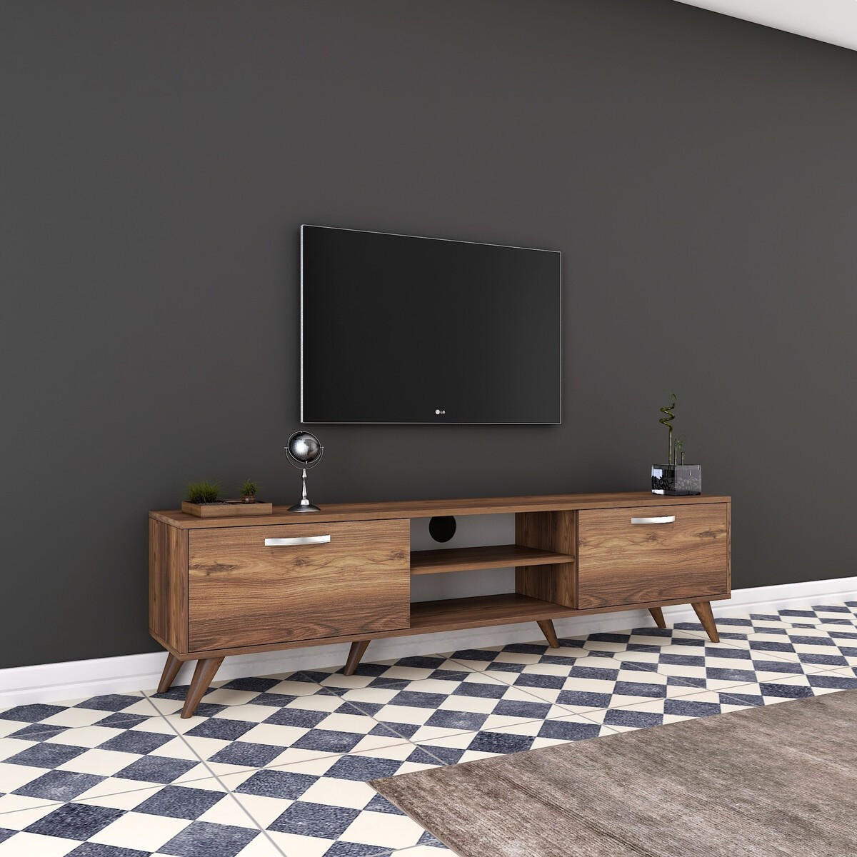 TV-MÖBEL 2 Klapptüren 2 offene Fächer in der Mitte Dekor Walnussholz 35/48,6/180 cm - Nussbaumfarben, Holzwerkstoff (35/48.6/180cm) - Calicosy