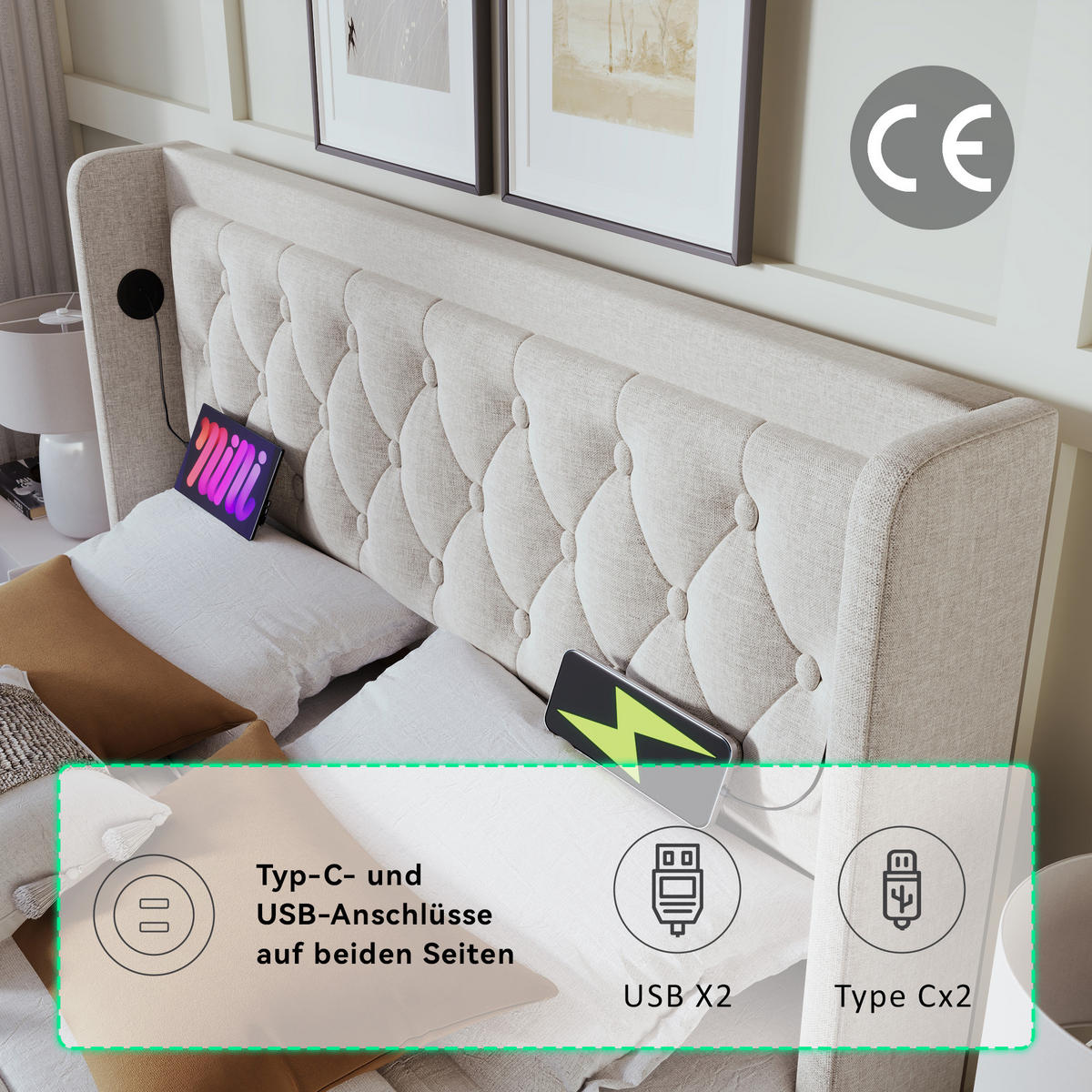 POLSTERBETT 160/200 cm in Beige Stoff mit Bettkasten, LED und USB - Beige, Holzwerkstoff/Textil (160/200cm) - WISHDOR