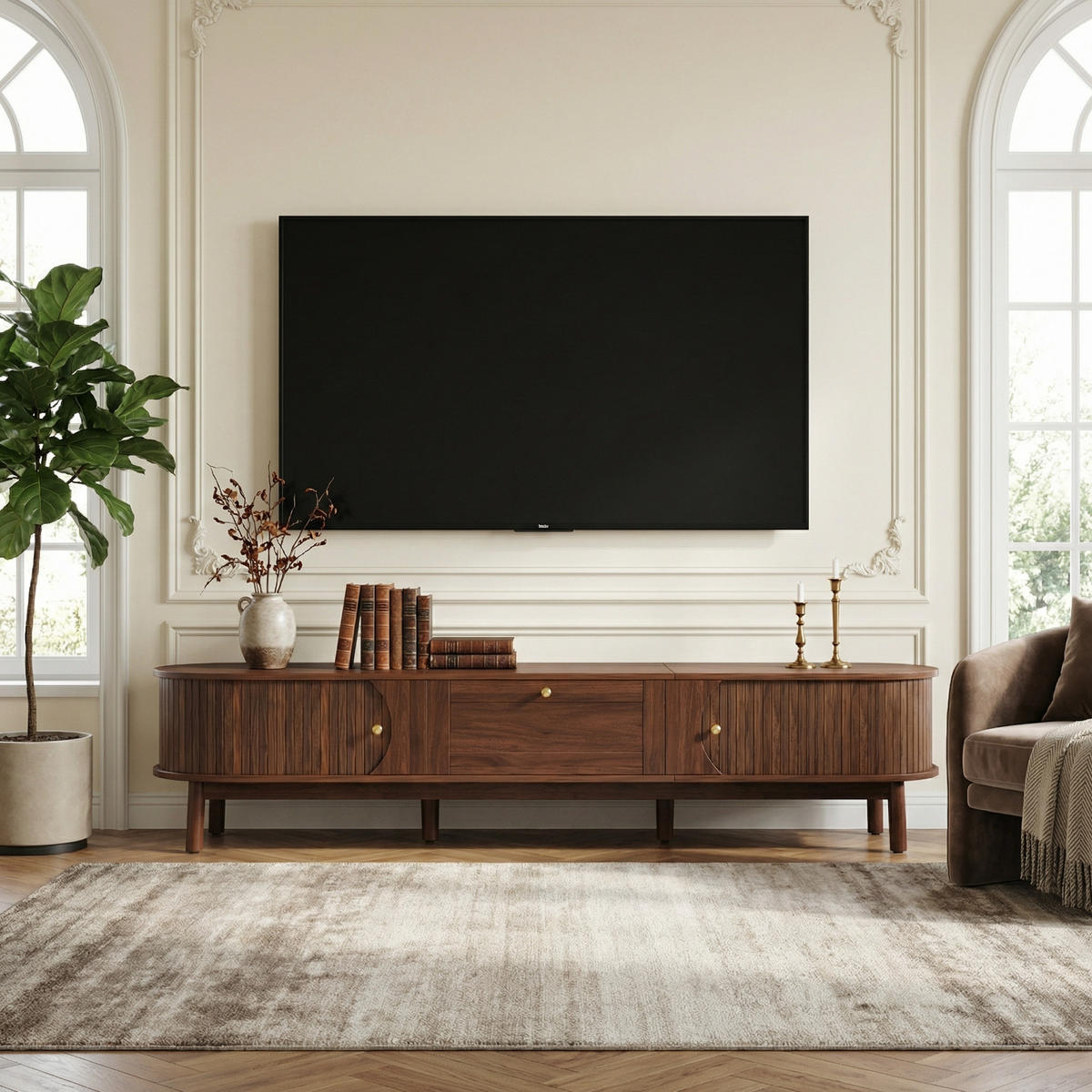 TV-STOLIK in Nussbaum-Optik, Fernsehschrank s Schiebetüren - biela, kompozitné drevo (170/38/40cm) - Urban Meuble