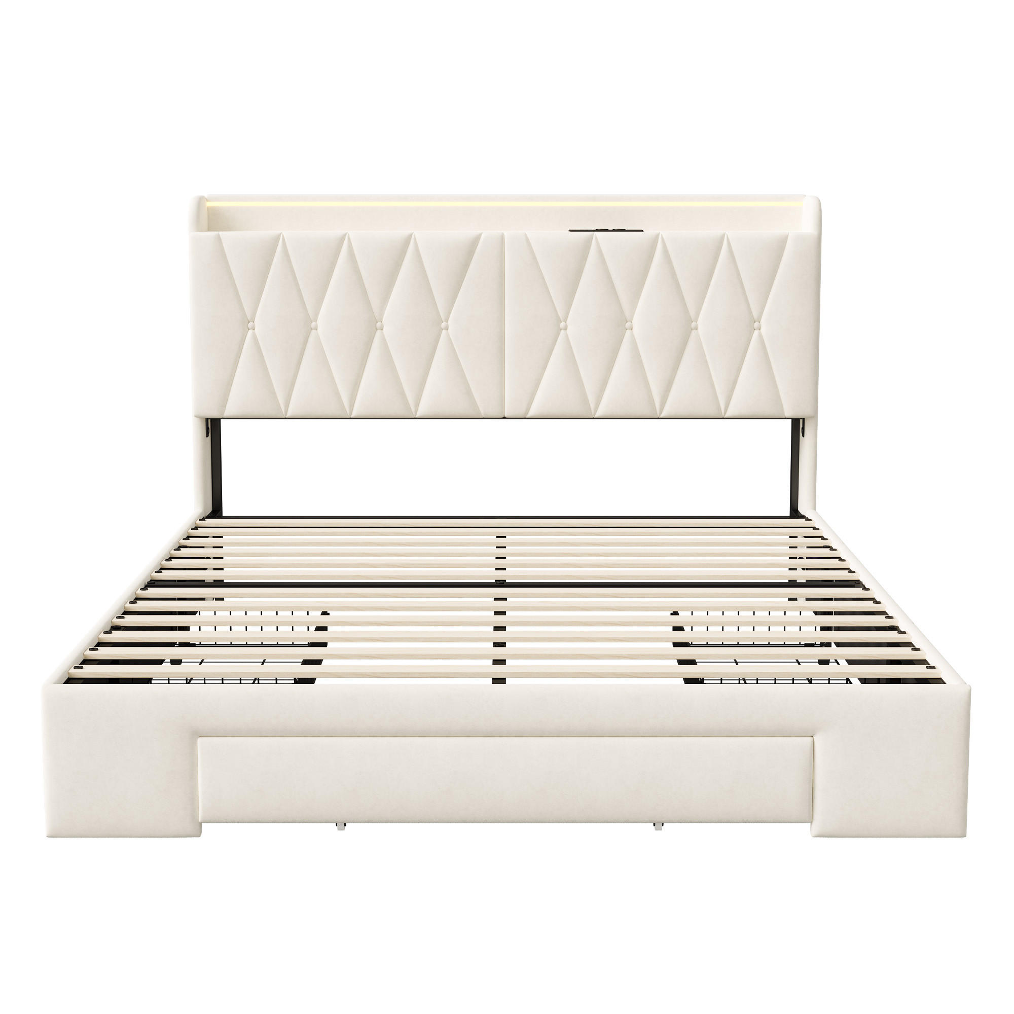 POLSTERBETT 140x200 cm mit Schublade, LED-Kopfteil, USB, Beige - Beige, Holz (140/200cm)