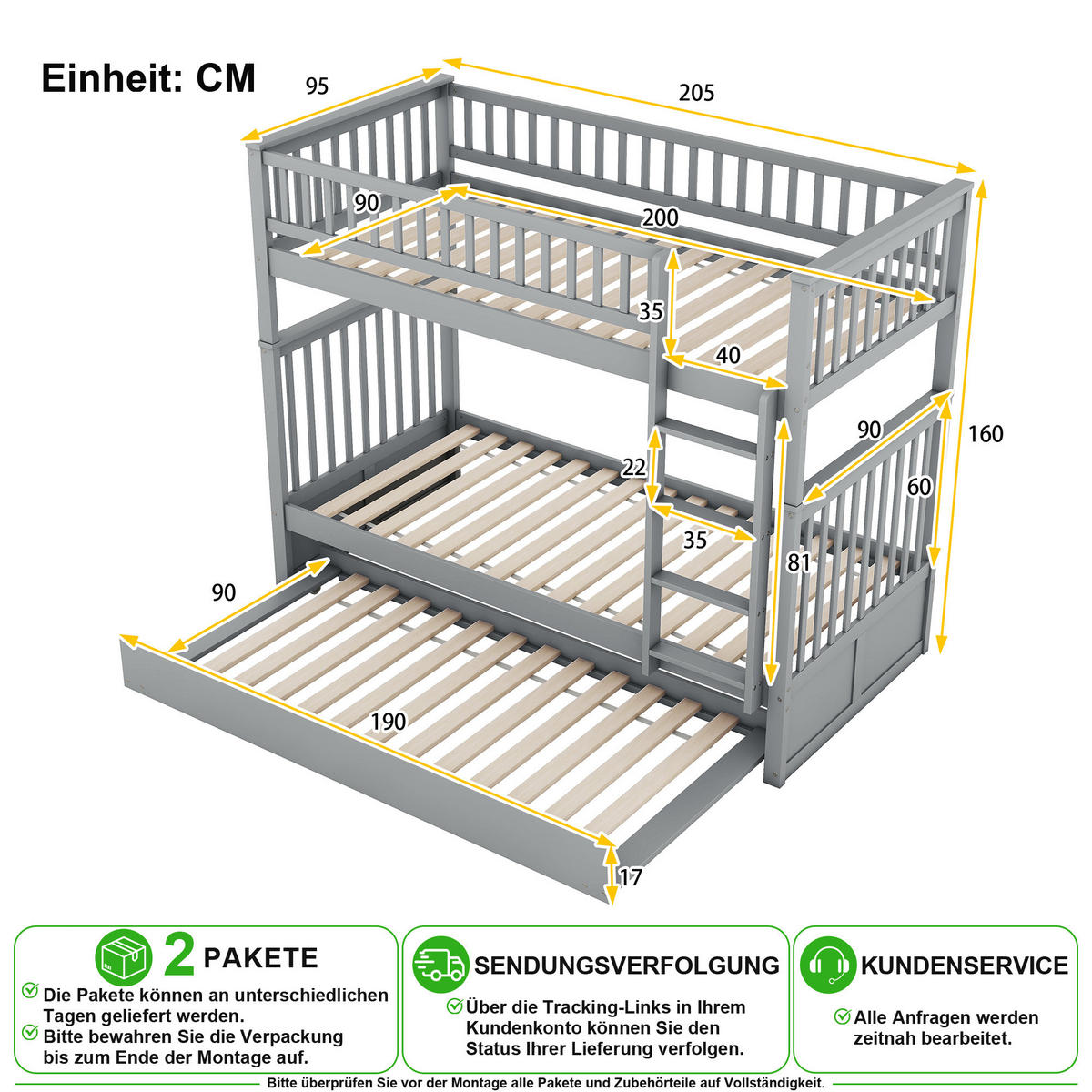 ETAGENBETT 90/200 cm & 90/190 cm in Grau mit Ausziehbett und Treppe - Grau, Holz/Holzwerkstoff (90/200cm) - CHICFURN
