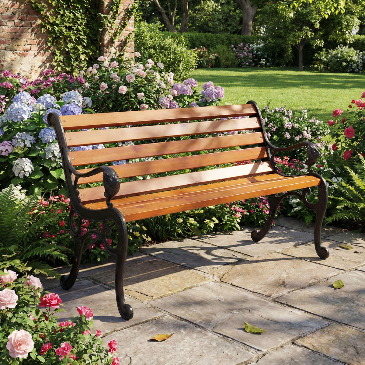 GARTENBANK Schwarz, Teak Dekor - Schwarz/Teakfarben, Holz (132/80/35cm) - MCW