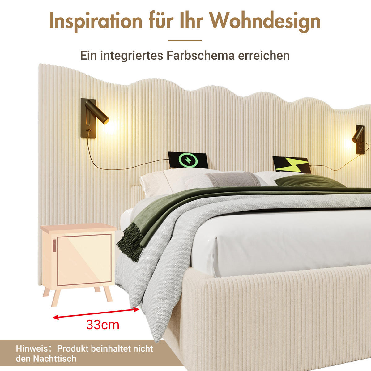 POLSTERBETT 180/200 cm beige-weiß aus Cordstoff mit Stauraum, USB-C und Leselampe - Beige, Textil (180/200cm) - OKWISH
