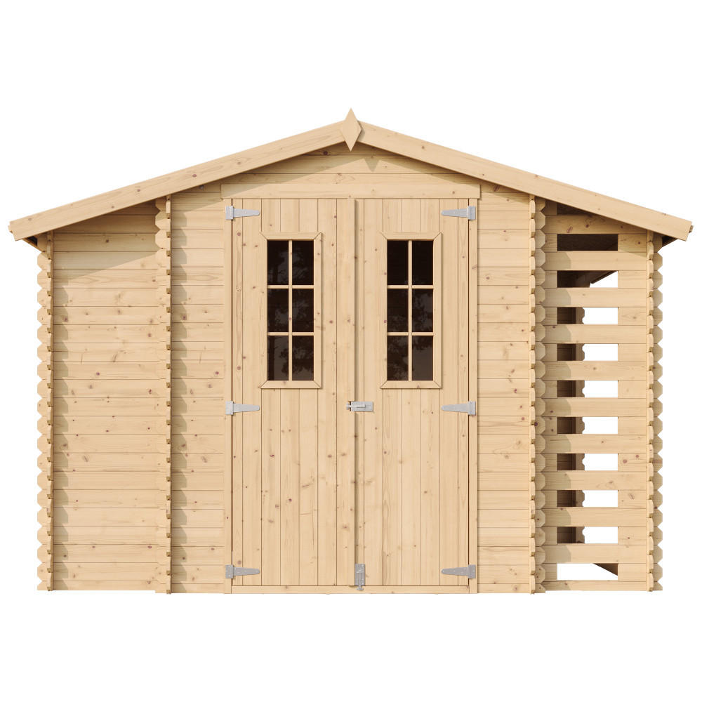 GARTENHAUS aus Holz mit Brennholzschuppen - imprägnierter Boden - 3,53 + 0,97 + 0,97 m2 - M389C+M389G - Beige, Holz (312/218/206cm) - Timbela
