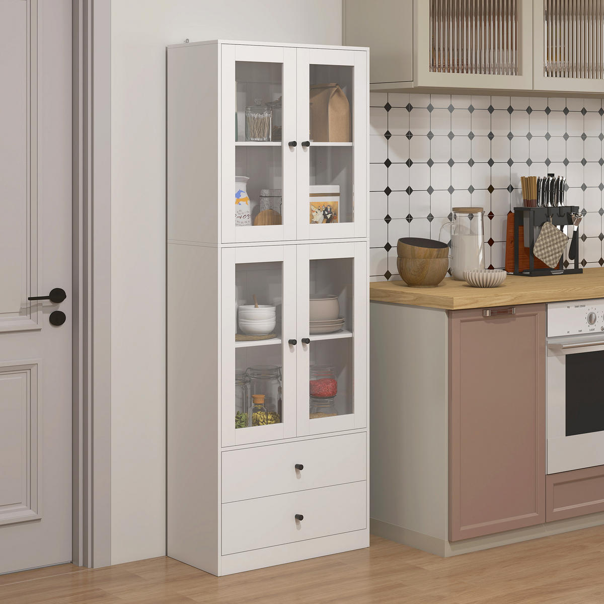 KÜCHENSCHRANK, Hochschrank mit Schublade, verstellbaren Einlegeböden Weiß - Weiß, Holzwerkstoff (30/170/59cm) - HOMCOM