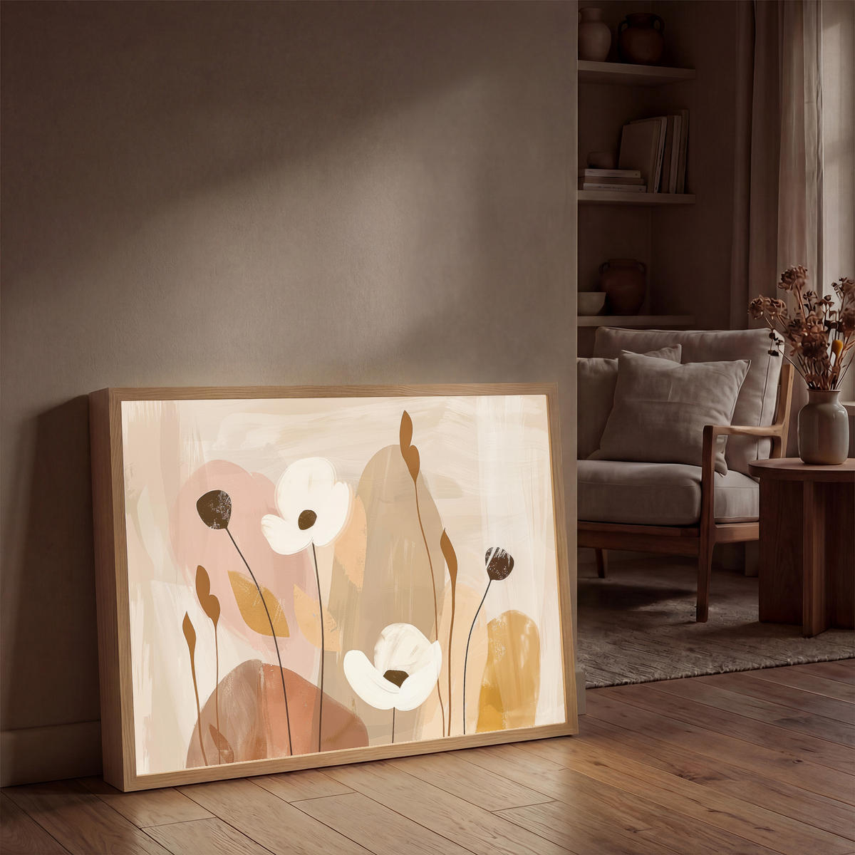 WANDLEUCHTE MIT AKKU Blumen - Abstrakt - Beige - Strichzeichnung 100x70 cm - Sandfarben, Holzwerkstoff (100/70/8cm) - OnlyWow