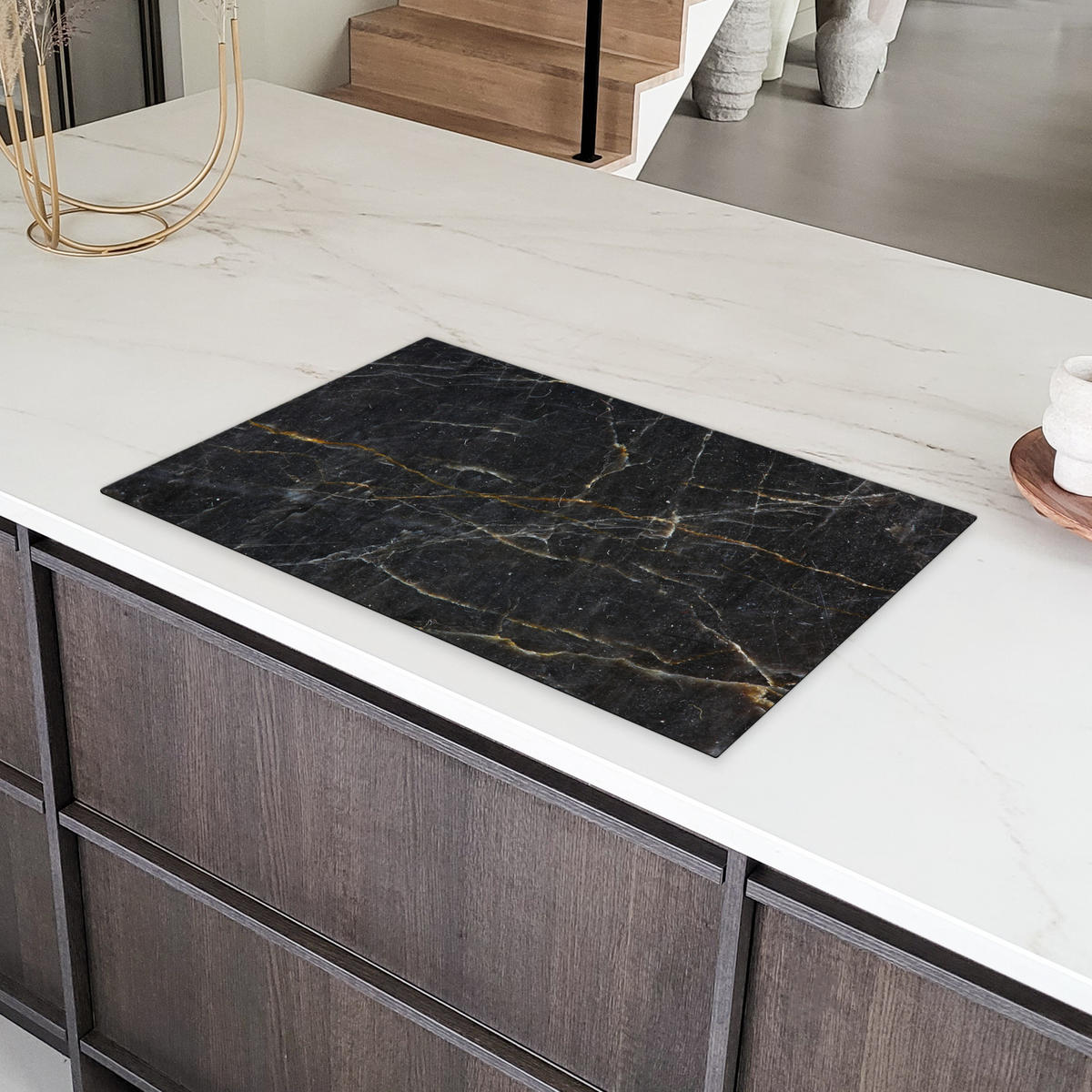 HERDABDECKPLATTE Marmor - Schwarz - Gold - Grau - Marmorstruktur 85x52 cm - Goldfarben, Kunststoff (85/52/0.2cm) - MuchoWow