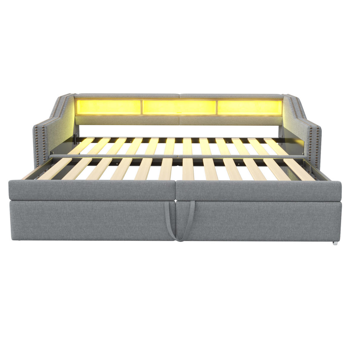 BETT 90/180 x 200 cm mit Auszug, USB und LED – inkl. 2 Matratzen - Hellgrau, Textil (90/200cm) - BEAOK