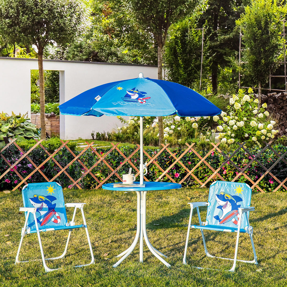 4 tlg. Kindersitzgruppe Garten 2 Klappstühle Sonnenschirm 3-6 Jahre Blau - Blau, Metall - Outsunny