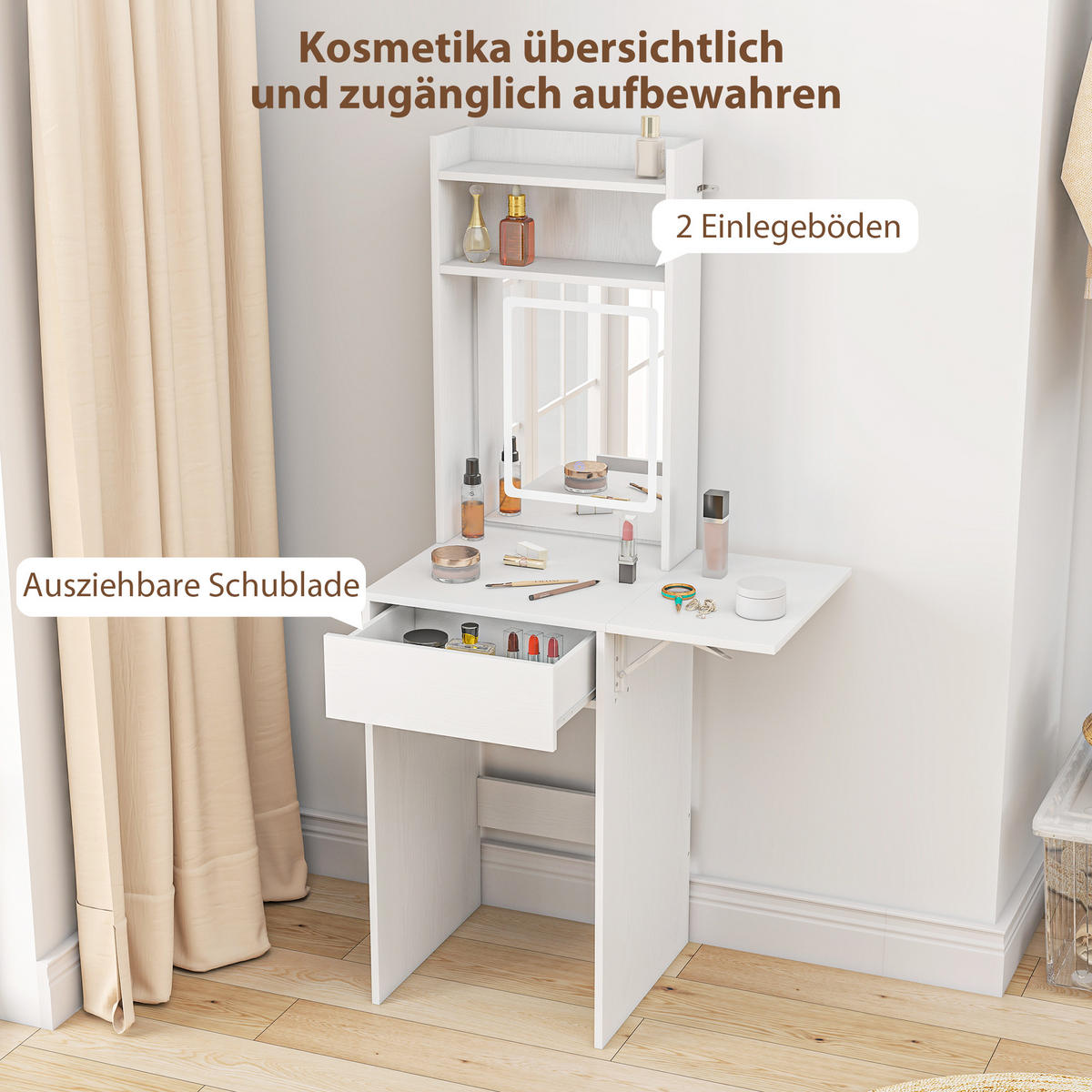 SCHMINKTISCH DE-10669 klappbar mit LED-Spiegel & Schublade Weiß - Weiß, Holzwerkstoff (45/152/45cm) - ComfortXL