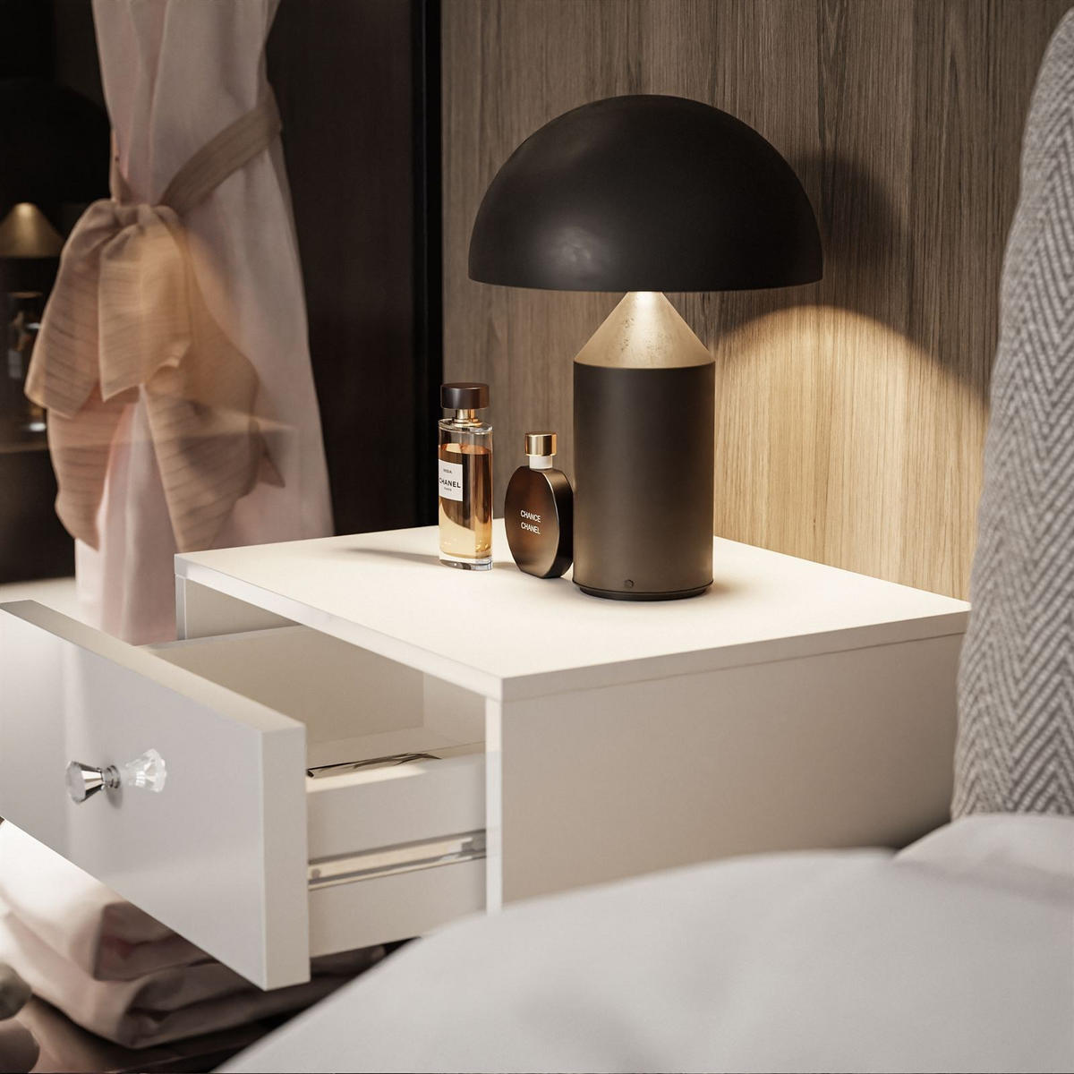 HÄNGENDER Nachttisch BLANCO Hochglanz Weiß LED Kristallgriff - Weiß Hochglanz, Holzwerkstoff (45/20/36.6cm) - Lookway