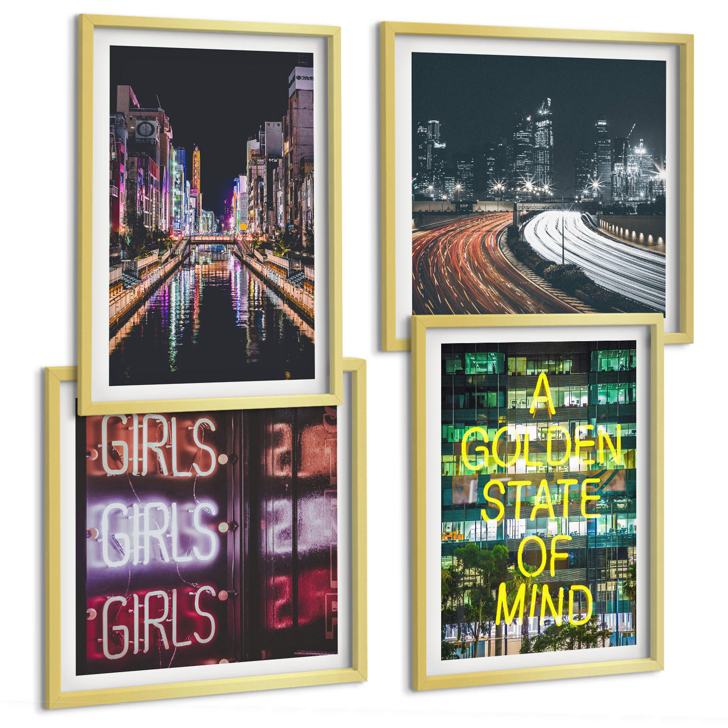 BILDER SET 4er Set - 50x50 cm & 40x60 cm Goldrahmen - Neonreklamen in der Stadt bei Nacht - Goldfarben, Kunststoff (50/50cm) - TULUP