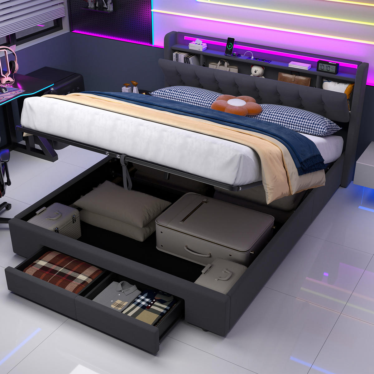 ČALÚNENÁ posteľ 160/200cm tmavosivá zo zamatu, kovu a dreva s LED svetlom, USB konektorom a úložným priestorom - sivá, textil (160/200cm) - Modfu