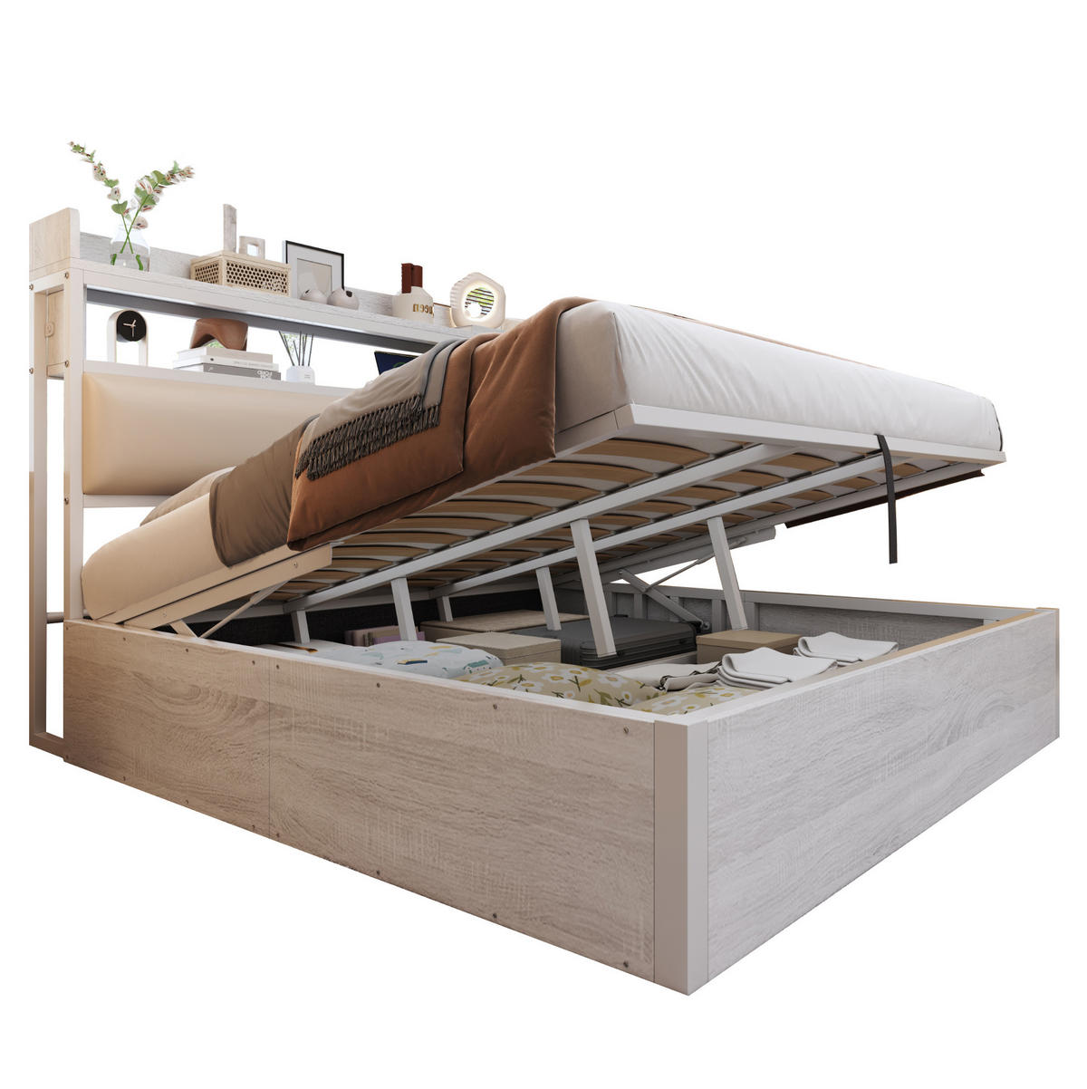 POSTEĽ 180/200 cm biela z kovu a dreva s hydraulickým úložným priestorom - biela, kov (180/200cm) - BEAOK