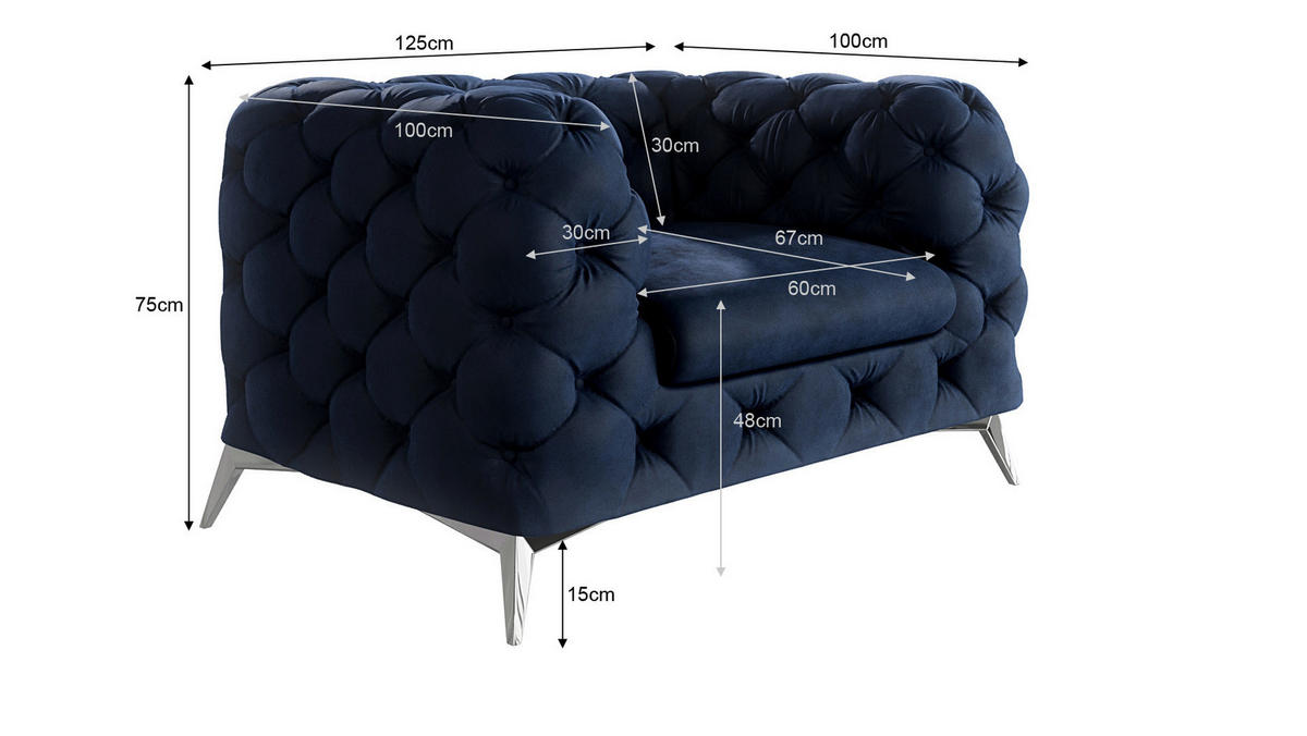 CHESTERFIELD-SESSEL Laura Marineblau Samt - Silberfarben/Dunkelblau, Holz/Textil (125/75/100cm) - S-Style Möbel