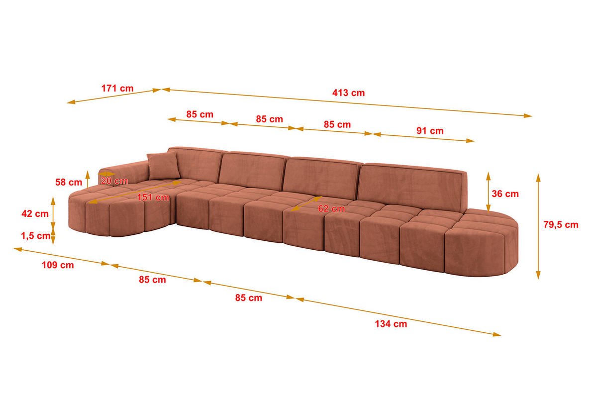 ECKSOFA Ottomane Links LIVO-L3 - 413x171x79,5 cm Apricot - Koralle, Holzwerkstoff/Textil (413/79.5/171cm) - ALTDECOR
