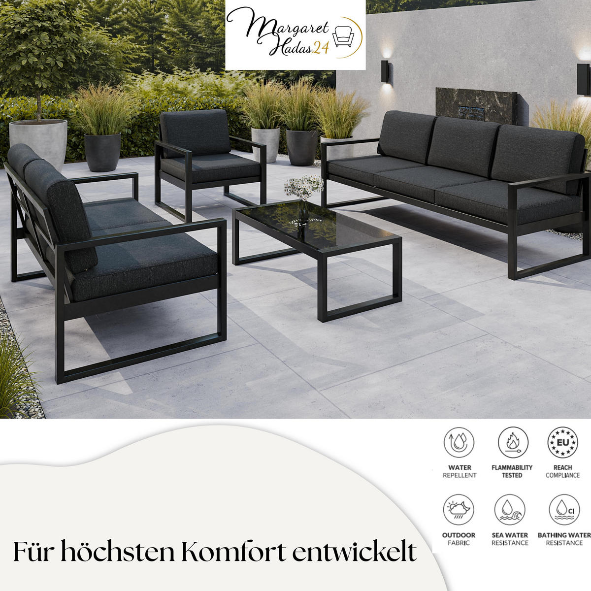 GARTENSET Madera für 6 Personen Balkonmöbel Aluminium Terassenmöbel Sitzbank, 4-tlg. Tisch schwarz, graubraun - Schwarz/Braun, Kunststoff/Metall - Margaret Hadas24