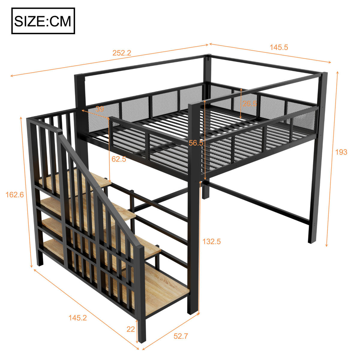 HOCHBETT Schwarz 140×200cm mit Baldachin, Stauraumtreppe und freier Arbeitsfläche unter dem Bett - Schwarz, Metall (140/200cm) - Luhomfu