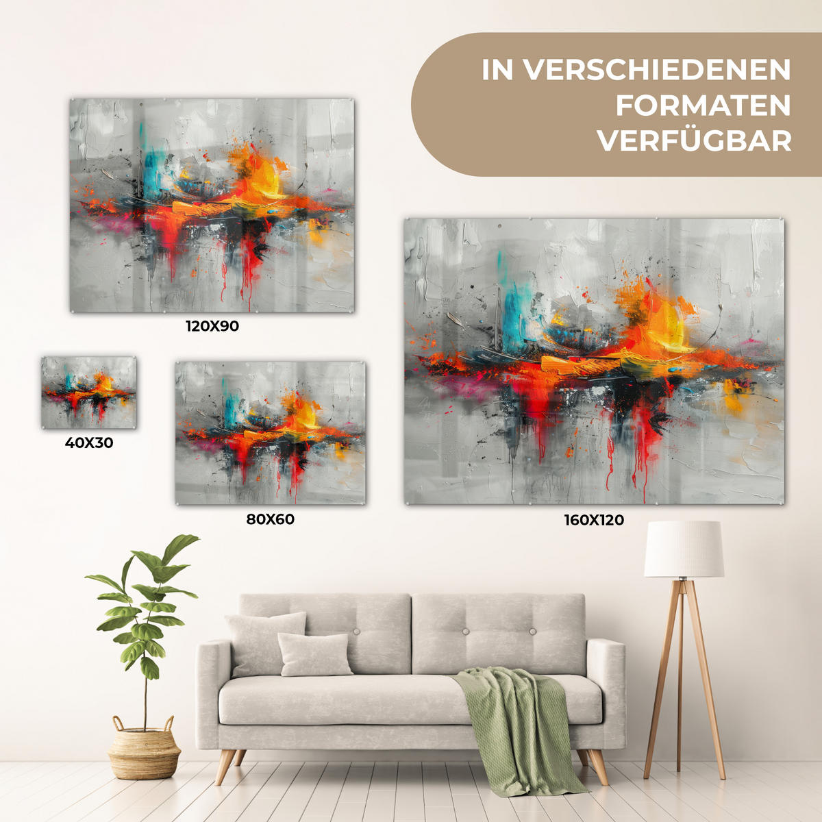 OBRAZ NA AKRYLOVOM SKLE Moderné umenie - Oranžová - Sivá - Abstraktné 80x60 cm - svetlosivá, sklo (80/60cm) - MuchoWow