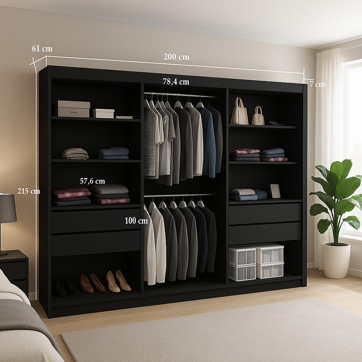 SCHWEBETÜRENSCHRANK Rafi mit Spiegel und mit geriffelten Fronten, 200 cm, Schwarz - Schwarz, Holzwerkstoff (200/215/61cm) - AN-Moebel 4u