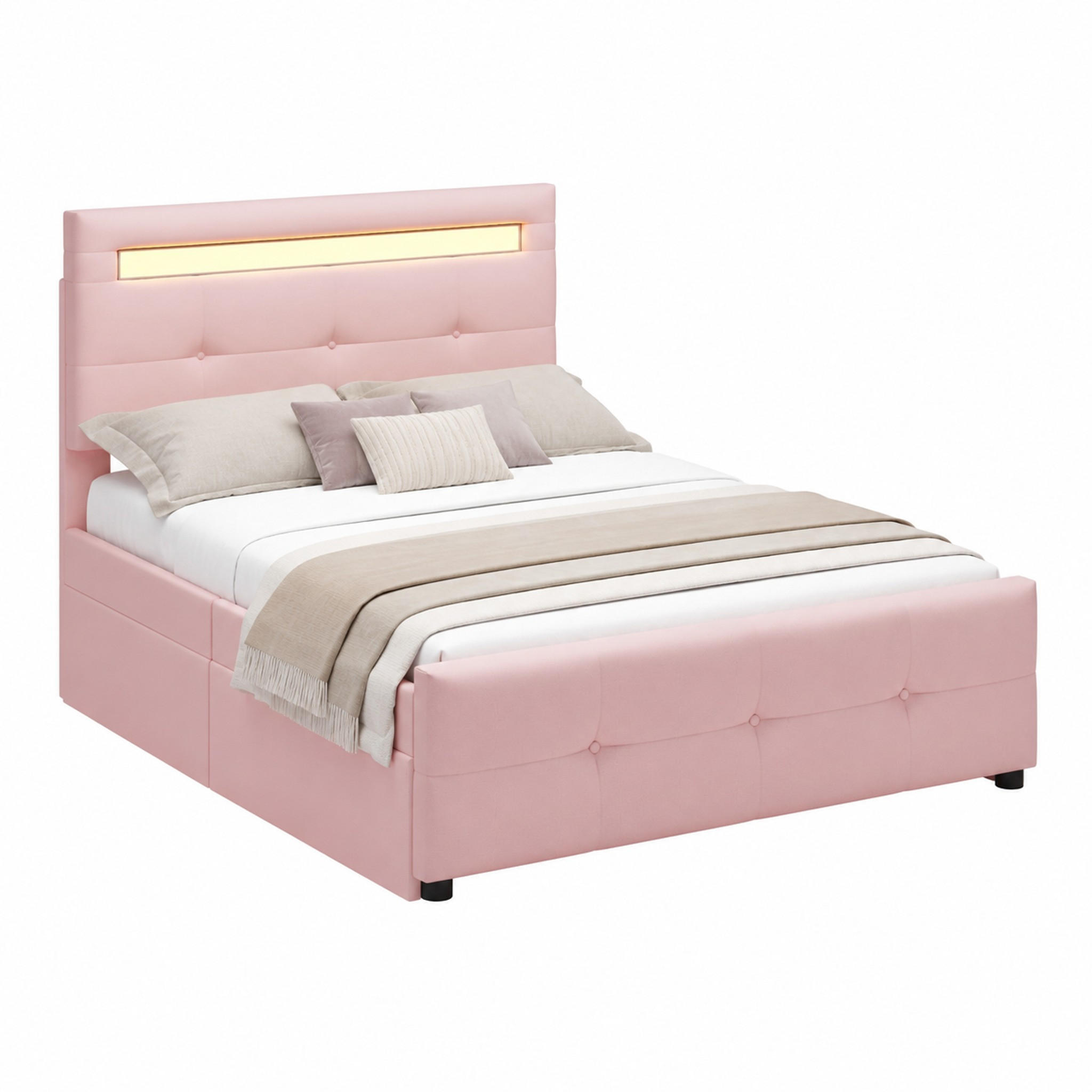 BETT mit LED und 2 Schubladen 90x200 cm Pink - Pink, Holz (90/200cm) - Meubliv