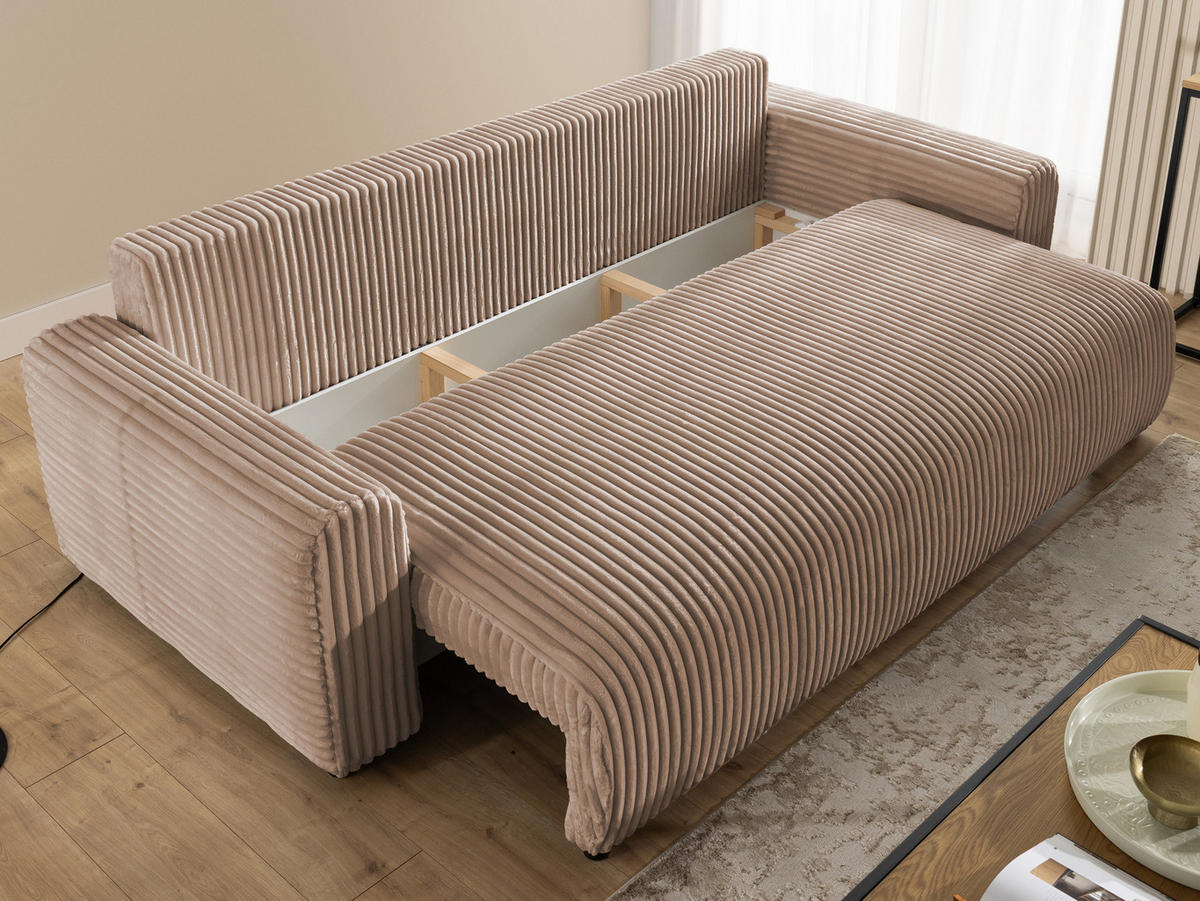 SCHLAFSOFA Calma mit Bettkasten im Bumpy-Design aus weichem Beige Plüschcord - Beige/Schwarz, Holz/Kunststoff (239/88/98cm) - S-Style
