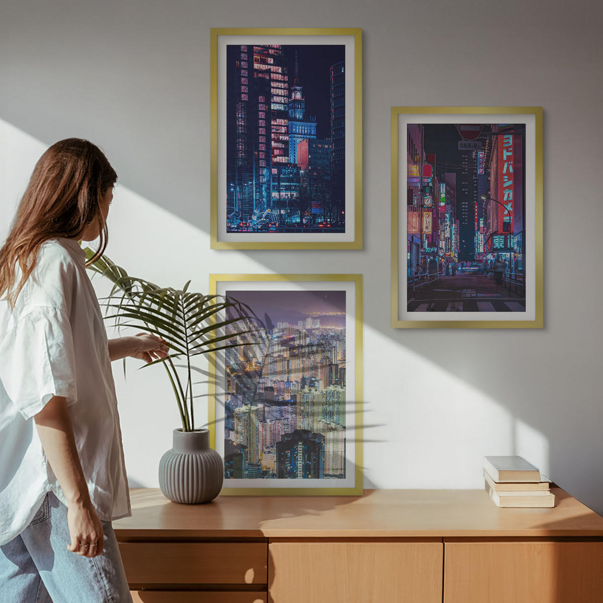 WANDBILDER 3er Set - 40x60 cm Goldrahmen - Neonlichter der nächtlichen Stadt - Goldfarben, Kunststoff (40/60cm) - ArtPrintCave