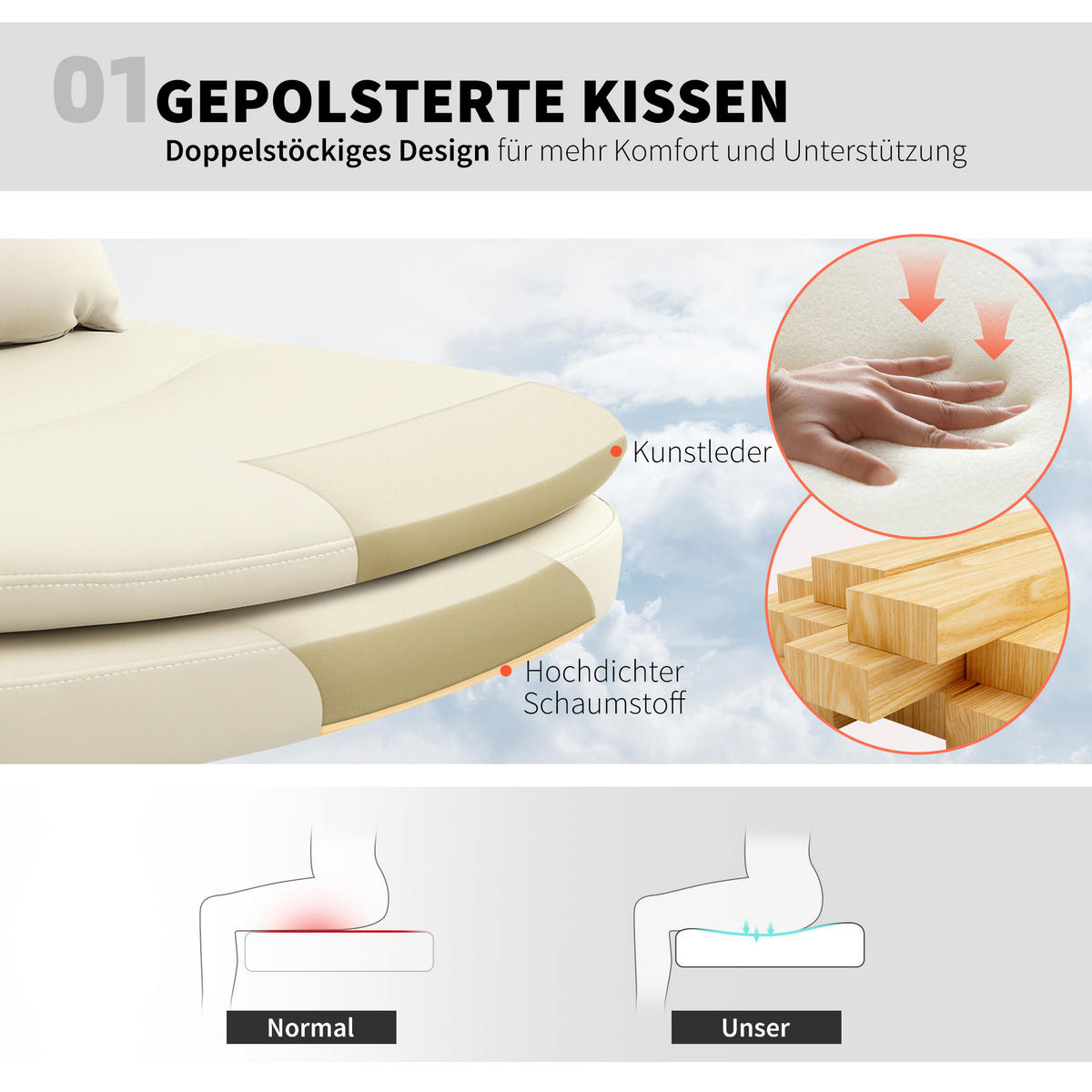 BÜROSTUHL DE-05053 Armlos, Kunstleder, höhenverstellbar & rollbar Beige - Beige, Metall (63/93/67cm) - ComfortXL