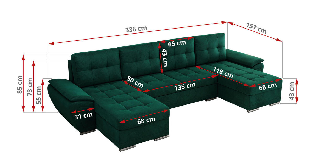 WOHNLANDSCHAFT UMBRIA U Dunkelgrün Velvet - Dunkelgrün/Grau, Textil/Metall (336/85/157cm) - MKS