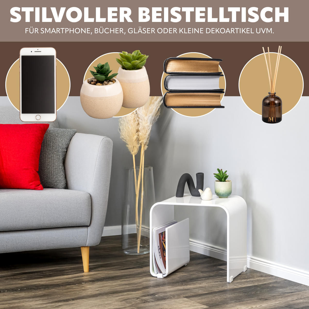 BEISTELLTISCH MIT MAGAZINHALTER Acryl weißglänzend - Weiß Hochglanz, Kunststoff (30/38.5/35.5cm) - eluno
