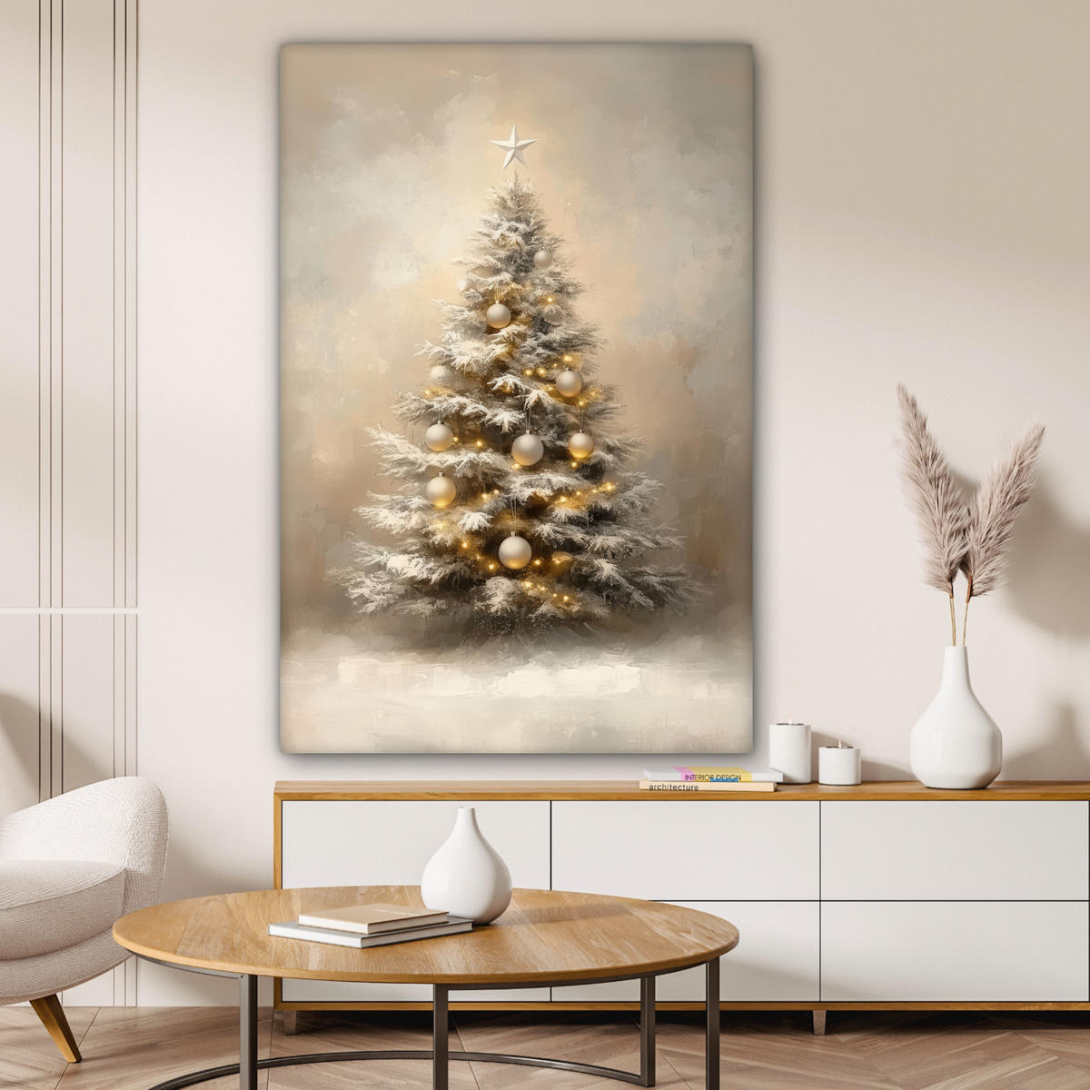 LEINWANDBILD Weihnachten - Weihnachtsbaum - Schnee - Kunst 90x140 cm - Champagner, Textil (90/140cm) - MuchoWow
